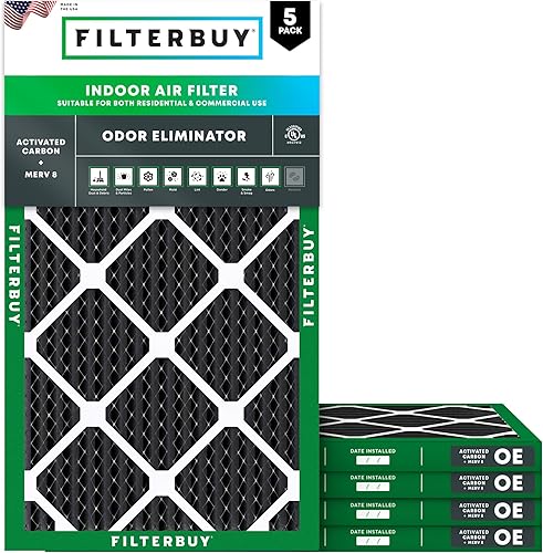 Filterbuy Filtro de aire MERV 8 de 10 x 20 x 1 pulgadas, defensa de olores y alergias con carbón activado (paquete de 5), filtros electrostáticos