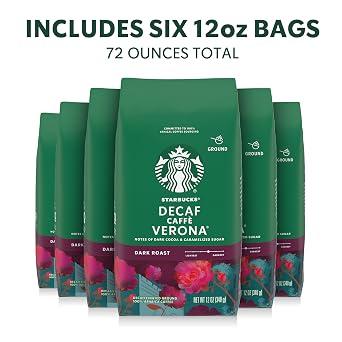 Starbucks Ground Coffee, Dark Roast Hot or Iced Coffee, Decaf Caffe Verona, Six 12 oz Bags | 100% Arabica decaf ground coffee; Dark Roast Decaf Caffe Verona; 6 bags, 12 oz each (72 oz total)