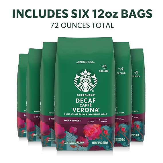 Starbucks Ground Coffee, Dark Roast Hot or Iced Coffee, Decaf Caffe Verona, Six 12 oz Bags | 100% Arabica decaf ground coffee; Dark Roast Decaf Caffe Verona; 6 bags, 12 oz each (72 oz total)