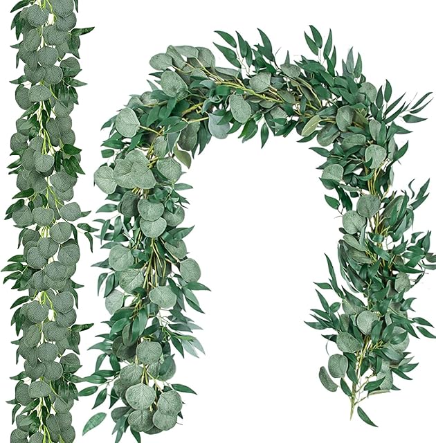 2 Pack 6.5 Ft Artificial Eucalyptus Garland with Willow Leaves Fake Hanging Greenery Vines Table Runner Garland for Wedding Backdrop Arch Wall Decor