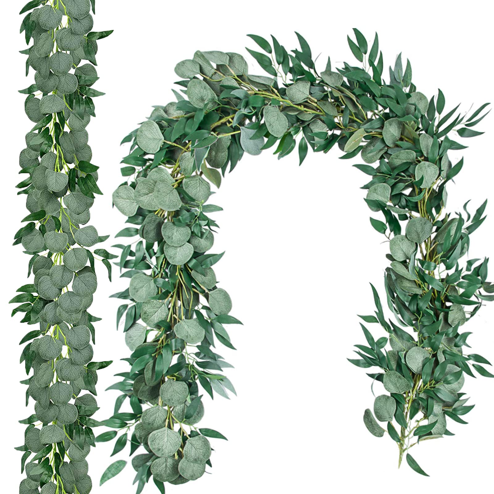 2 Pack 6.5 Ft Artificial Eucalyptus Garland with Willow Leaves Fake Hanging Greenery Vines Table Runner Garland for Wedding Backdrop Arch Wall Decor