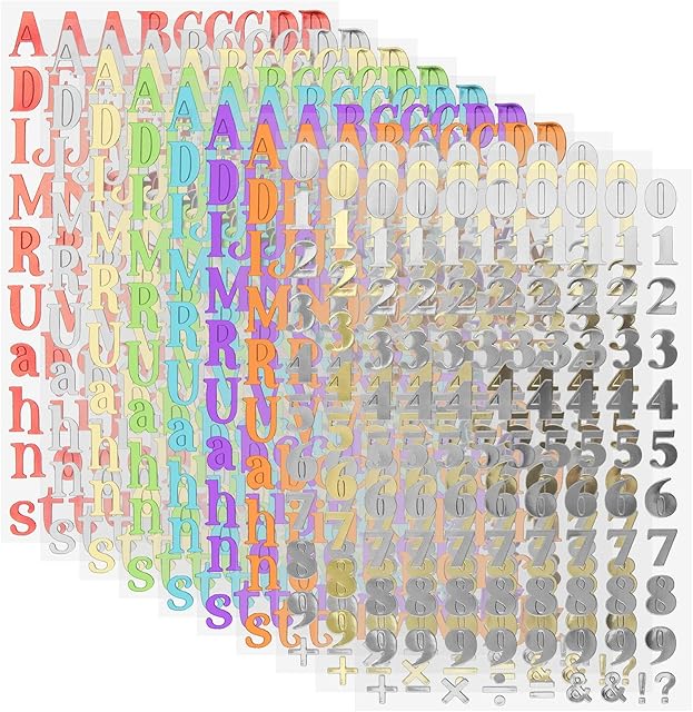 10 Sheets of Alphabet Numeral Stickers Kit,Colorful Letter & Random Colour Digital Stickers Self-adhesive for Scrapbook Card DIY Decoration
