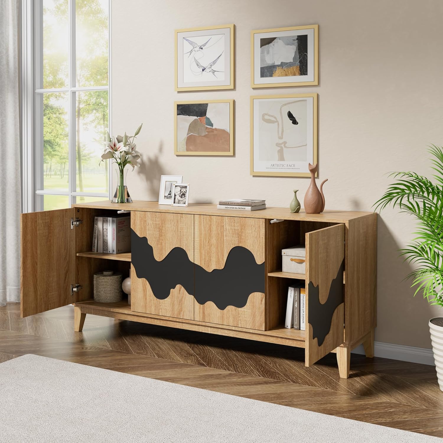 Natural Buffet Cabinet Sideboard with Storage 63'' Distinctive Coffee Bar with Flowing Water Patterns Kitchen Buffet with 4 Doors for Bedroom, Living Room (Natural and Black)