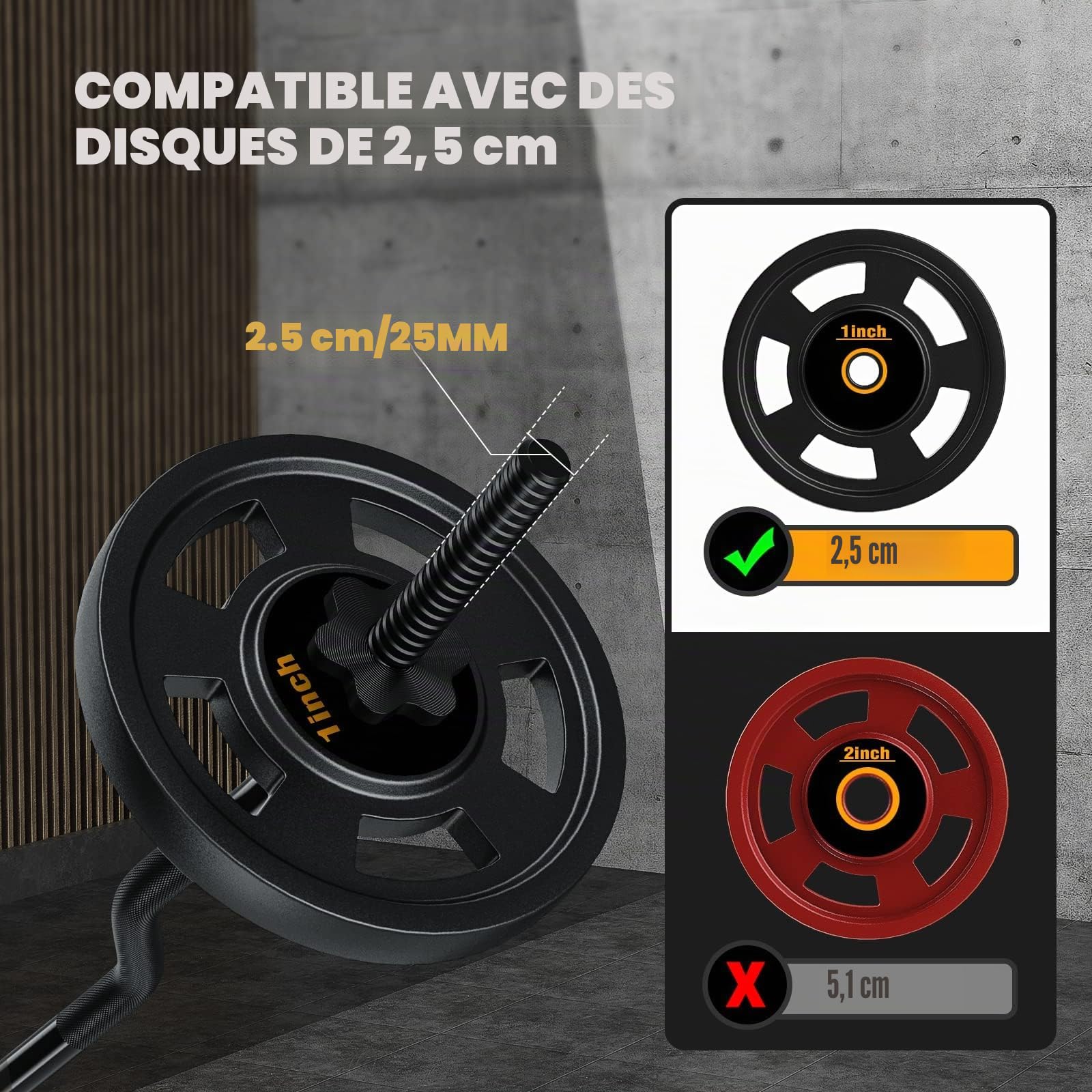 Barre de Musculation Ez Curl, Barre Courbée En Acier Fileté de 119 cmpour Disques Standard de 2,5 Cm, Capacité De 100 Kg, ldéale pour LaMusculation à Domicile Ou En Salle De Sport