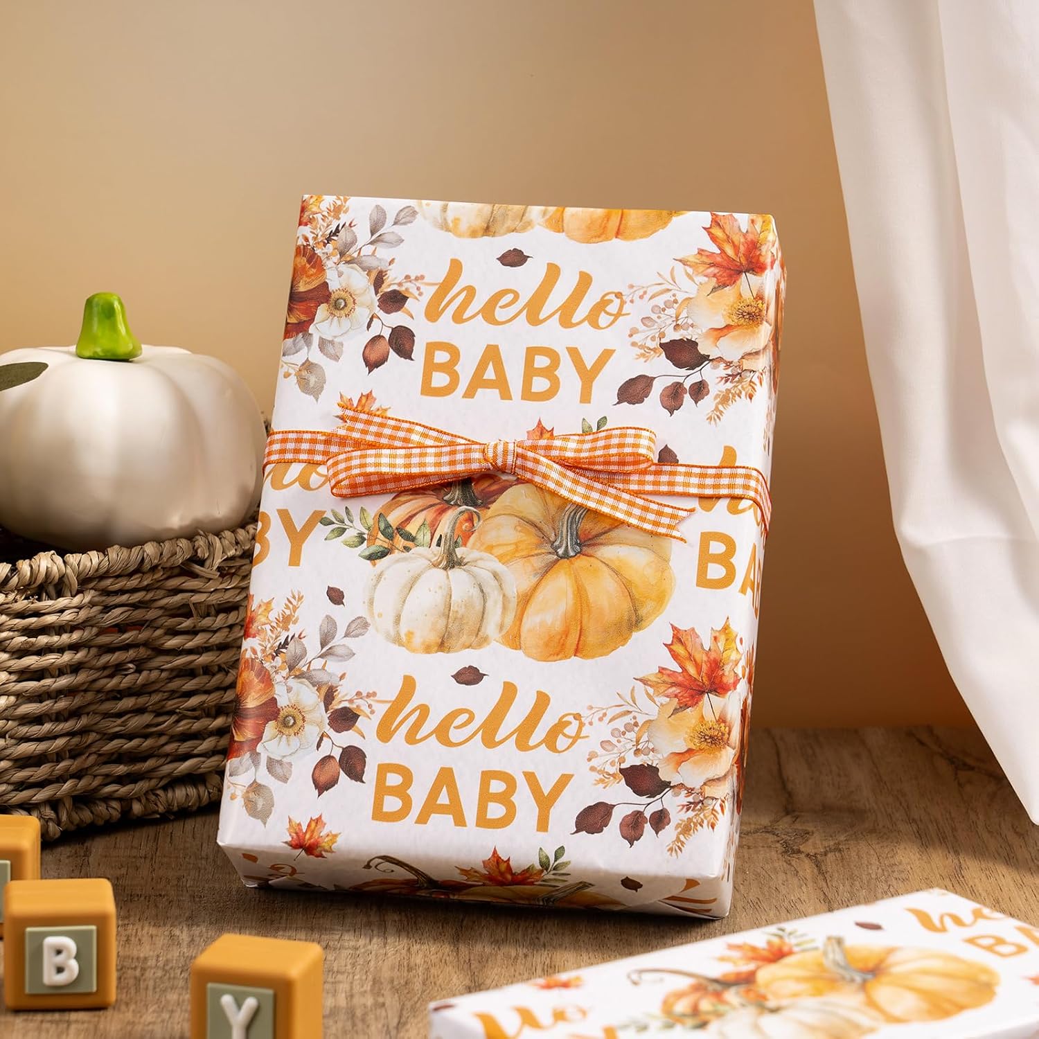 WRAPAHOLIC Fall Baby Shower Wrapping Paper - Mini Roll - 17 Inch x 16.5 Feet - Neutral Hello Baby Pumpkin Floral Fall Wrapping Paper for Autumn, Baby Shower, Newborn Birthday, Gender Reveal Party image 5
