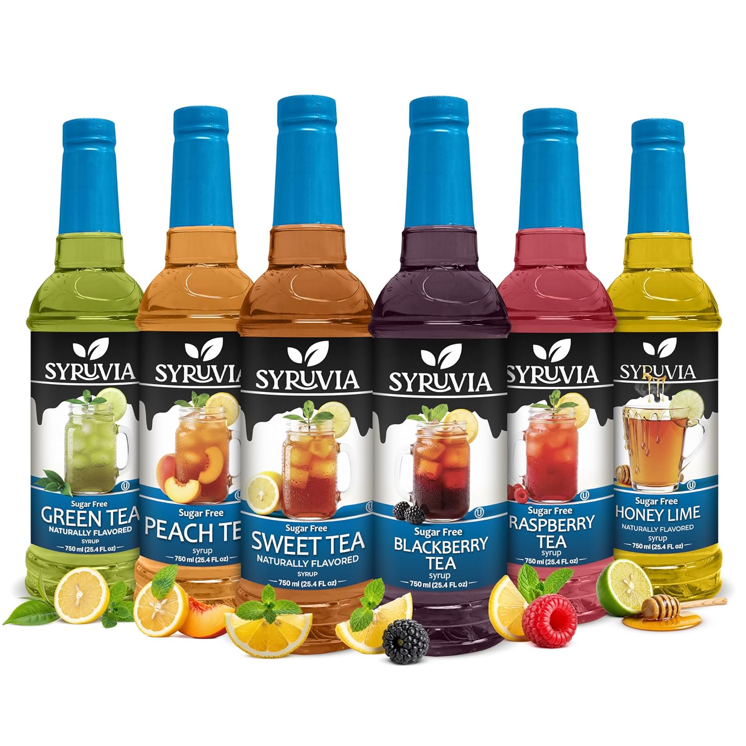 Syruvia Sugar Free Tea Syrup Variety Pack – Sweet Tea & Fruit Flavored Water Enhancer – Drink Mix for Iced Tea, Lemonade, Cocktails & Beverages – Zero Sugar, Low Calorie, 25.4 Fl Oz Bottles (6 Pack)