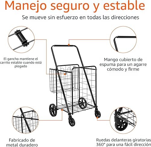 Miniatura 3 de Amazon Basics Carrito de compras utilitario plegable con ruedas de 360 grados, montaje fácil, negro, extra grande