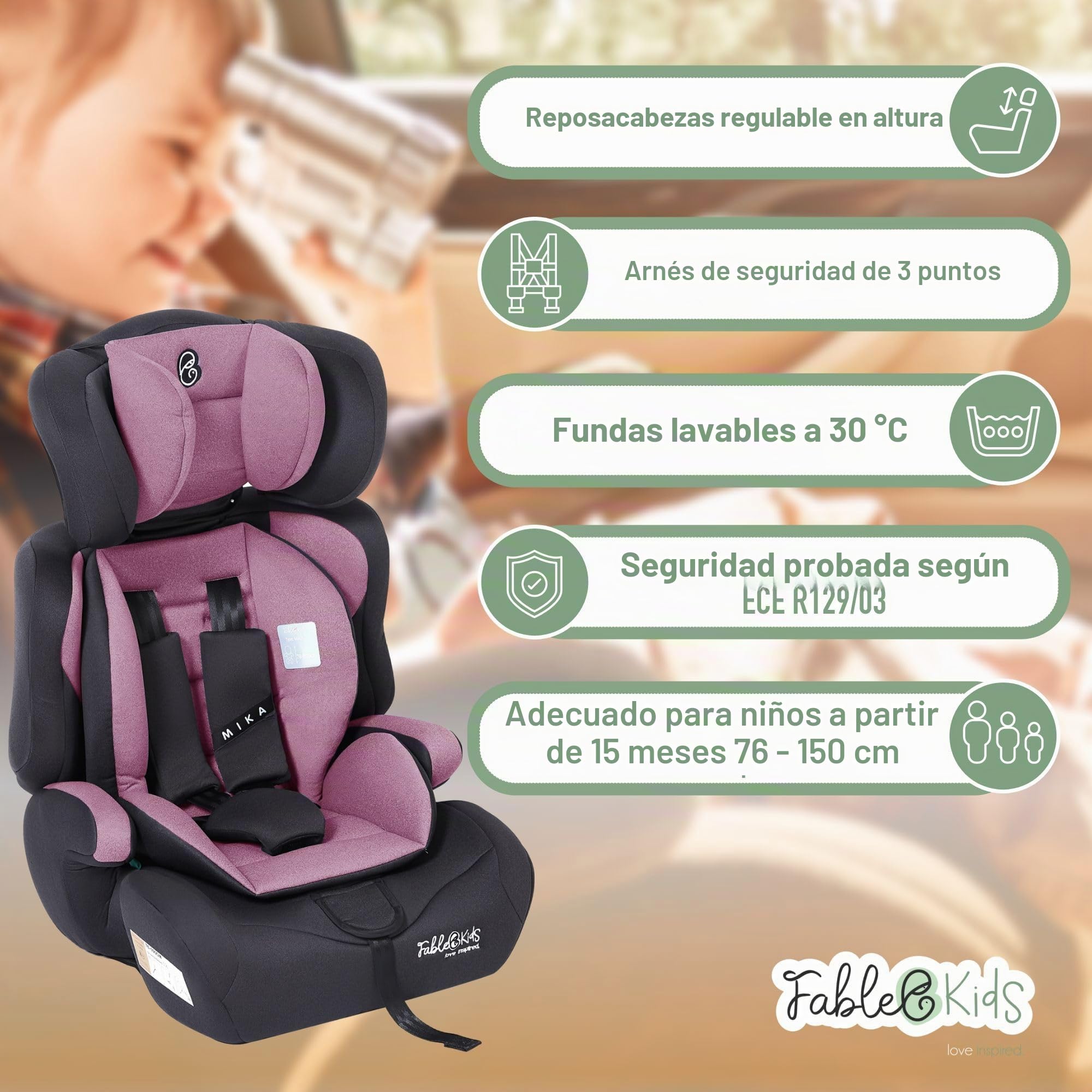 FableKids Silla de Coche Infantil 9-36 kg | ECE R129/03 | Para Niños 76-150 cm desde 15 Meses | Arnés de 3 Puntos | Reposacabezas Ajustable | Silla de Auto Evolutiva y Ajustable | Rosa