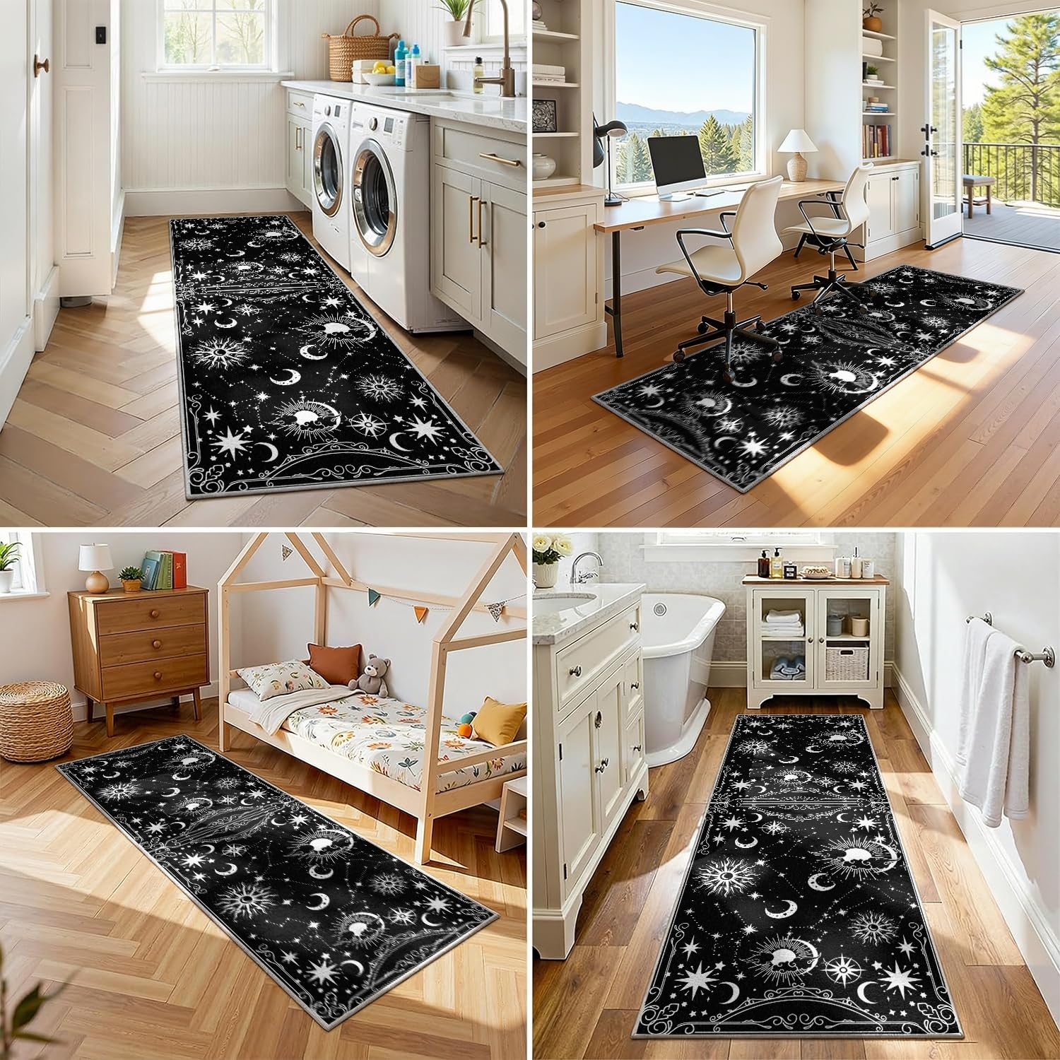 Himmels Läufer Teppich in Schwarz Weiß, 60x200cm Gotischer Teppich Sonne, Mond Sternen für Flur, Langer Teppich Mit Mystischem Sternbildmuster für Schlafzimmer, Waschbare, Rutschfeste Teppiche
