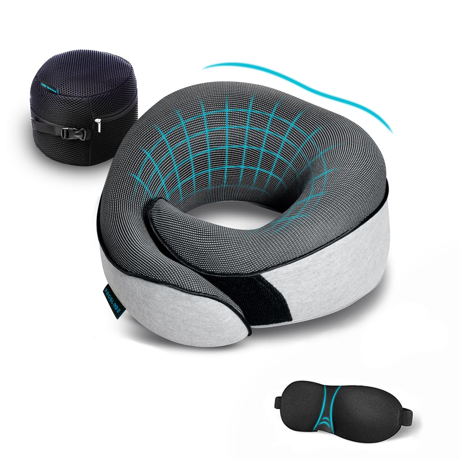 Proglobe Cuscino da Viaggio per Collo - Cuscino Cervicale, 100% Memory Foam, Cuscino per Dormire, Ideale per Viaggi in Aereo, Auto, Treno, Con Mascherina 3D, e borsa a rete premium, Grigio