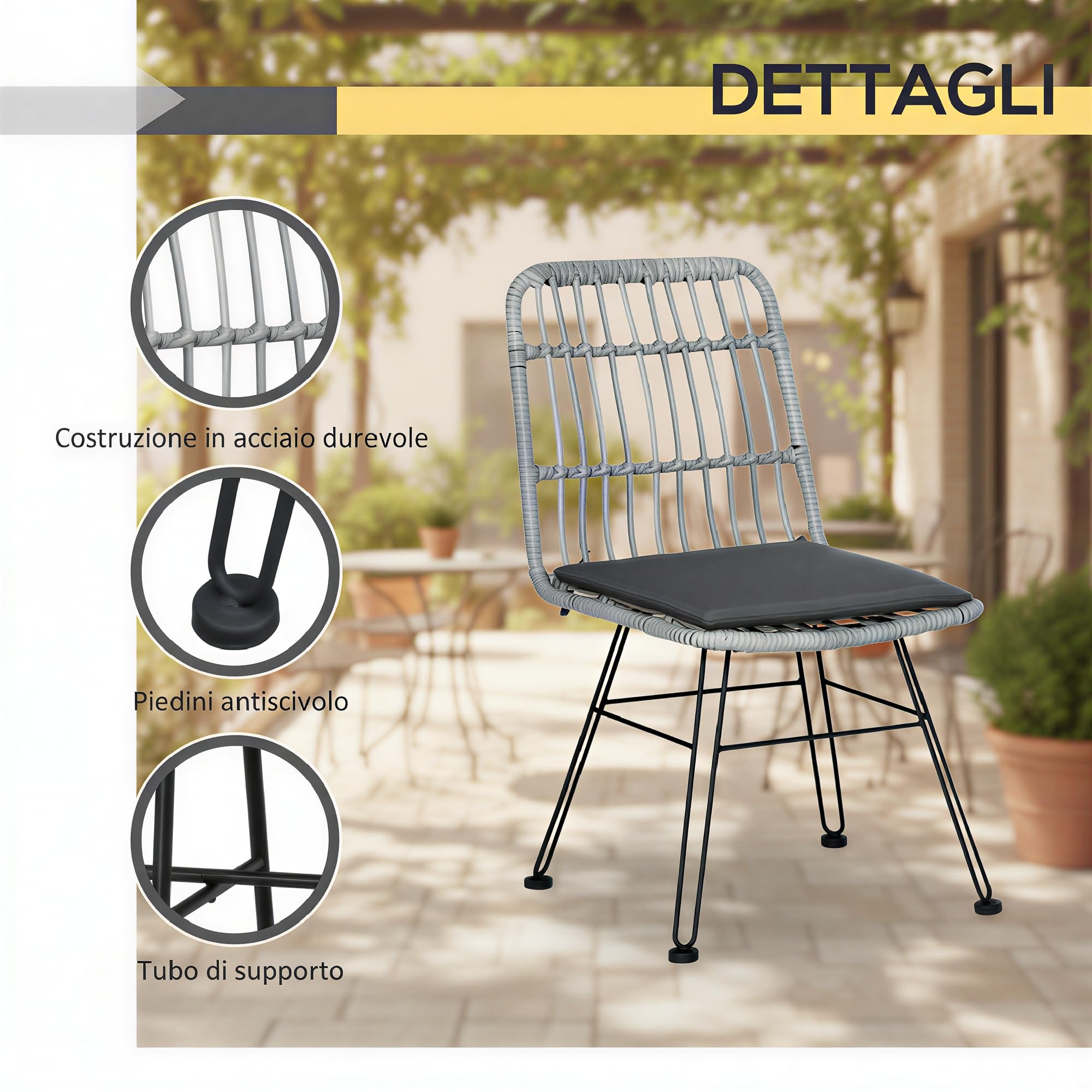 Outsunny Set di Tavolo e Sedie da Giardino da 3 Pezzi in Rattan PE e Acciaio, Set Bistrò da Giardino con Tavolino da Caffè con Piano in Vetro e 2 Sedie, per Balcone Patio Cortile Esterno, Grigio