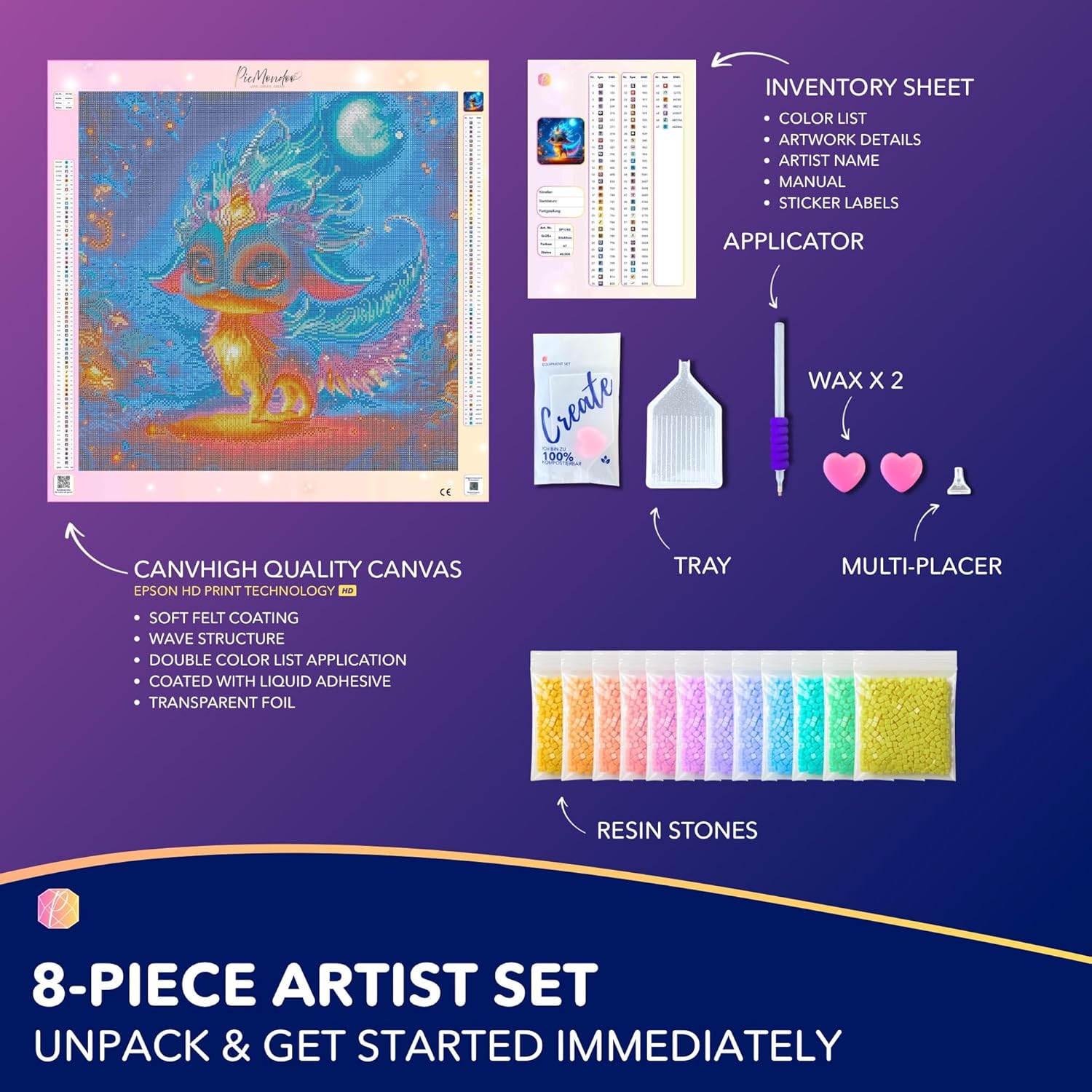 Picmondoo Diamond Painting Set – 50x50 cm, Sparkling DIY Kit for Adults & Children with AB Stones, Fairy Dust Colors, Rhinestone Color and Fluorescent Colors (Moonlight Dance)