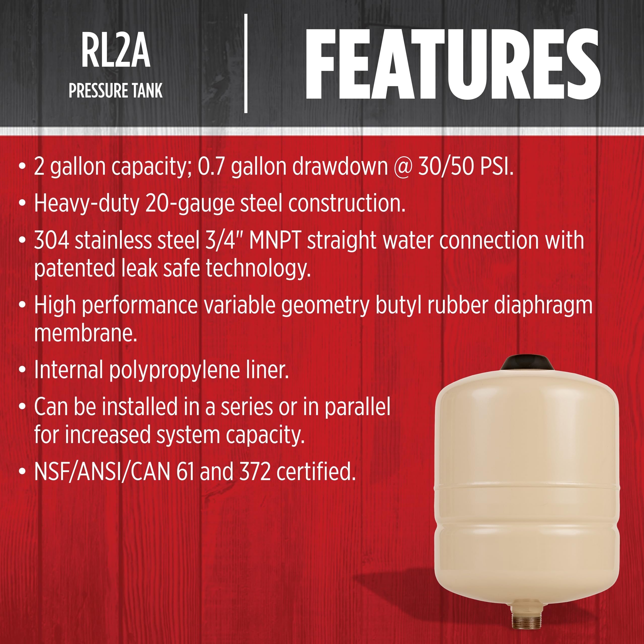 Red Lion RL2A - 2-Gallon Inline Pre-Charged Pressure Tank for Well