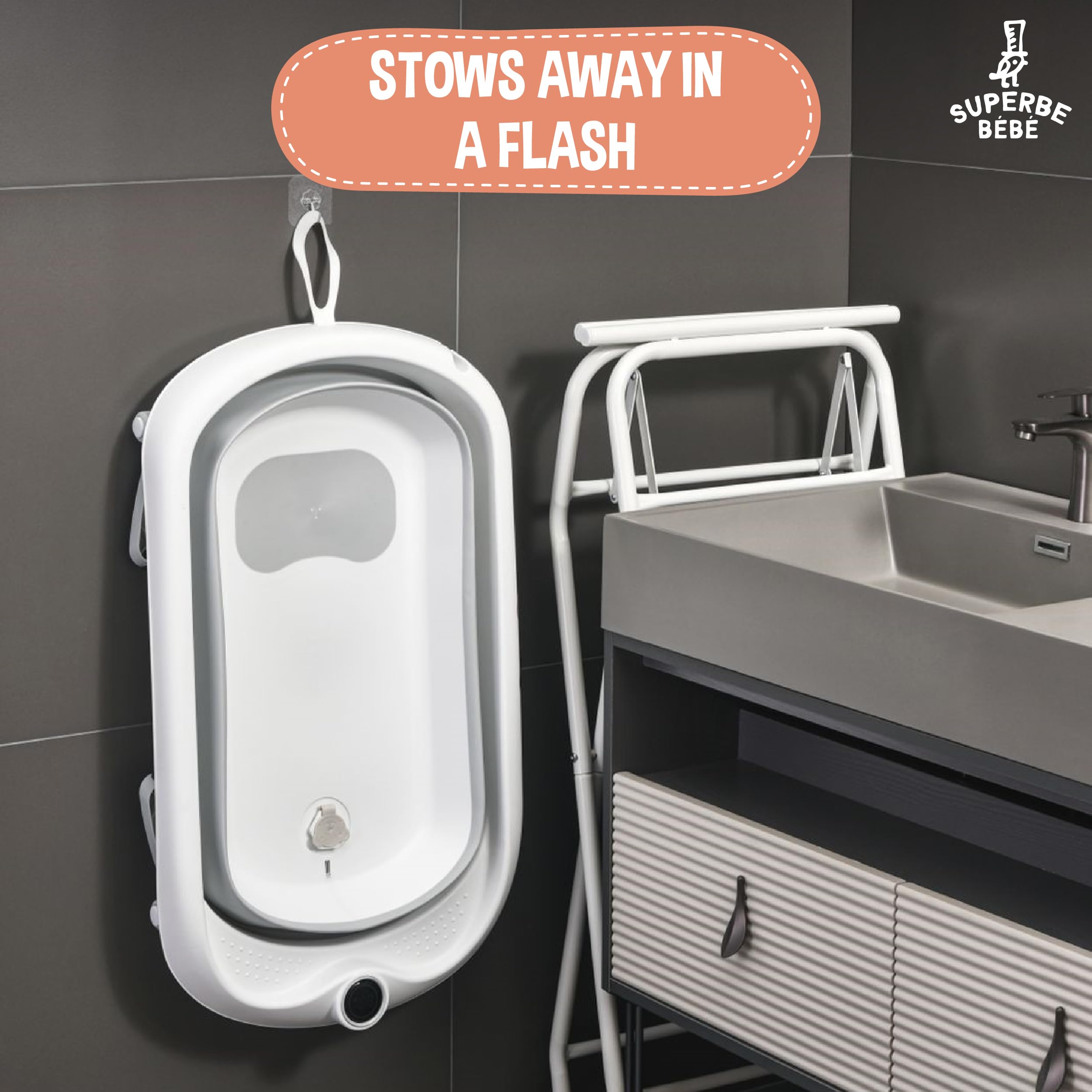 SUPERBE BEBE Składana wanna dla dzieci z nogami i stojakiem – Baby Bathtub XXL z termometrem, ergonomicznym siedziskiem i rurką odpływową – od noworodka do 3 lat - Cadeau Baby