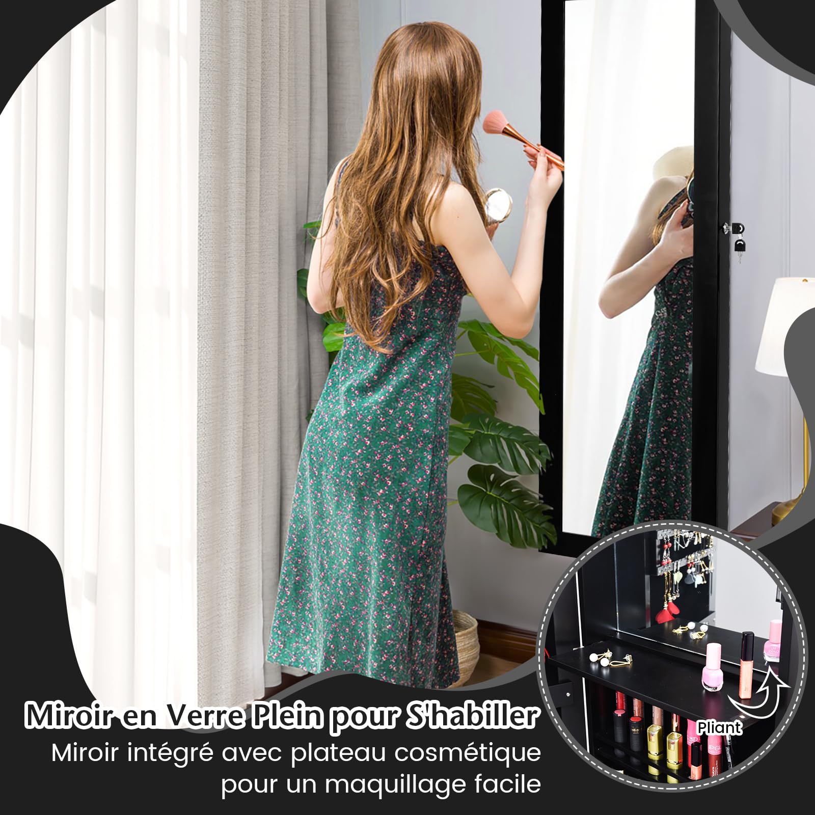 COSTWAY Armoire à Bijoux Murale avec Miroir 12 LED, Meuble de Rangement Verrouillable Pleine Longueur, Organisateur de Bijoux avec Étagères de Rangement, Style Scandinave, Noir
