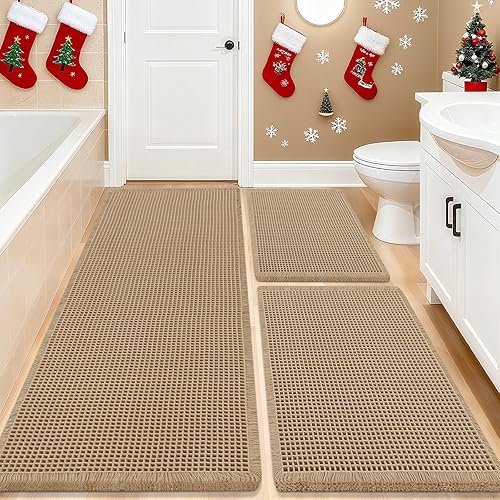 IM HOME - Tapete tejido en punto gofre y con borlas, moderno, bohemio, absorbente, antideslizante, suave y lavable, para baño, dormitorio, cocina,