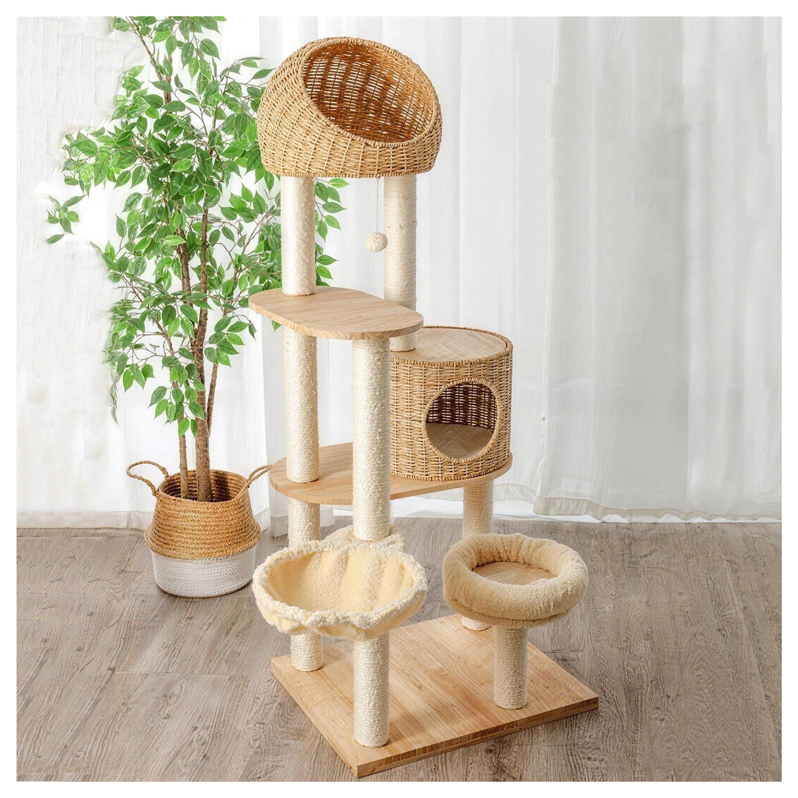 Solid Wood Rattan Cat Tree with Sisal Scratching Post Multi-Level Cat Tower with Removable Fluffy Pad Includes Cat Scoop and Toy Thickened Base Plate with Wide Jumping Platform