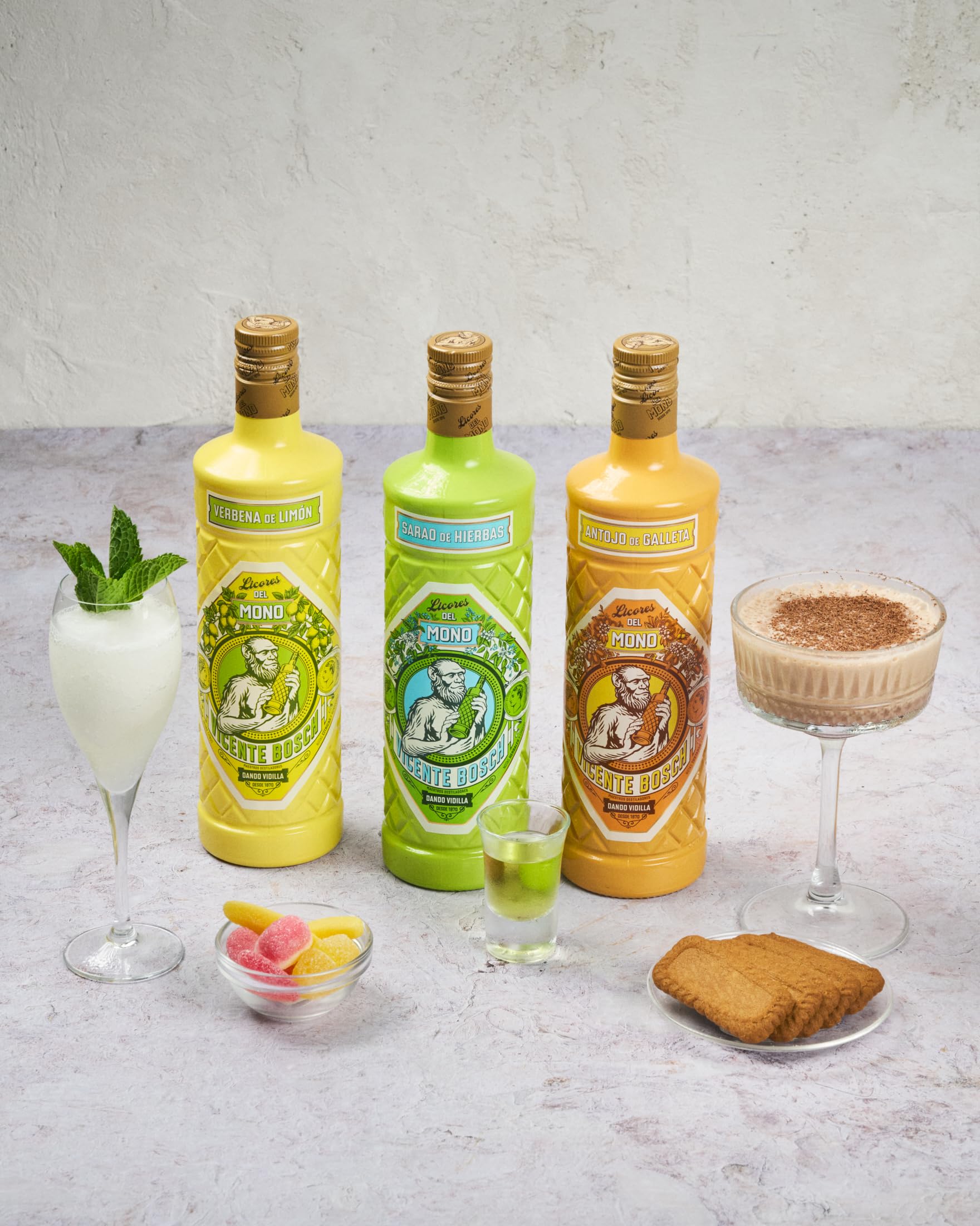 Licores del Mono Pack de 3 Sabores - Botellas de Galleta, Hierbas y Limón