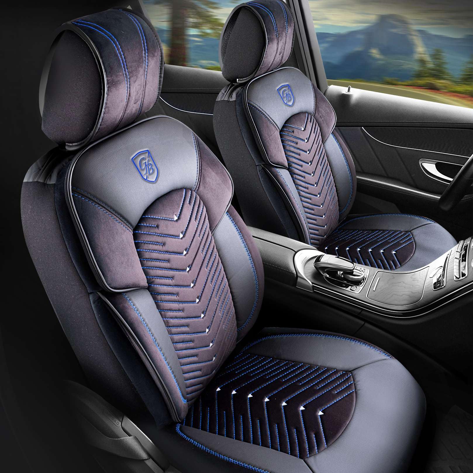 Autositzbezüge Universal für PKW & SUV – Premium Vordersitze Auto Sitzbezug aus Samt, Schwarz-Blau, Airbag-Kompatibel Sitzauflage, Autoschonbezug, Vordersitz-Set inkl. Montageset
