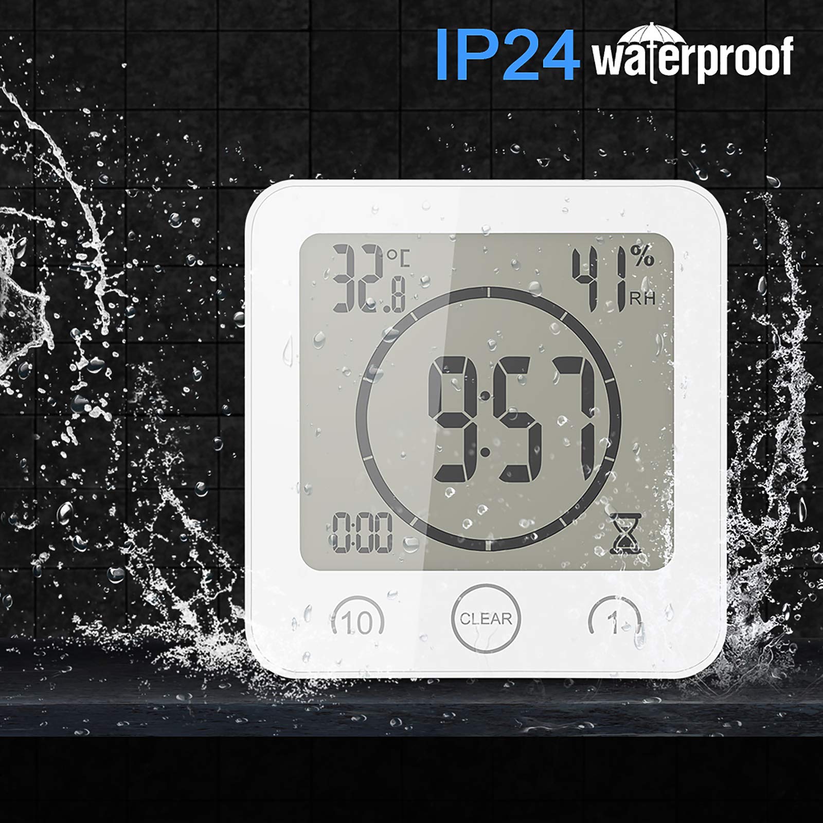 Reloj de Baño, LCD Reloj de Ducha Digital Alarma Impermeable Control Temperatura Humedad, Temporizador de Cuenta Regresiva, 3 Métodos de Montaje, Energía de la Batería