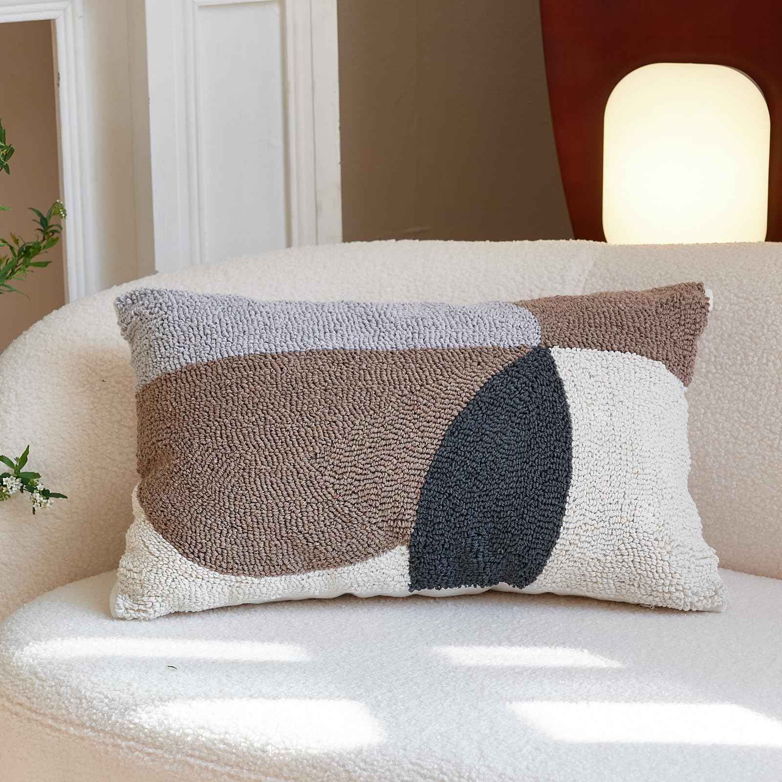 Abstract Textured Geometry Lumbar Pillow Covers 12x20 Inch,chunky Modern Decorative Pillowcase for Mid Century Bohu Accent Decor ,Neutral Art Woven Home Bed Couch Sofa Cushion Sham(Black Cream Brown)