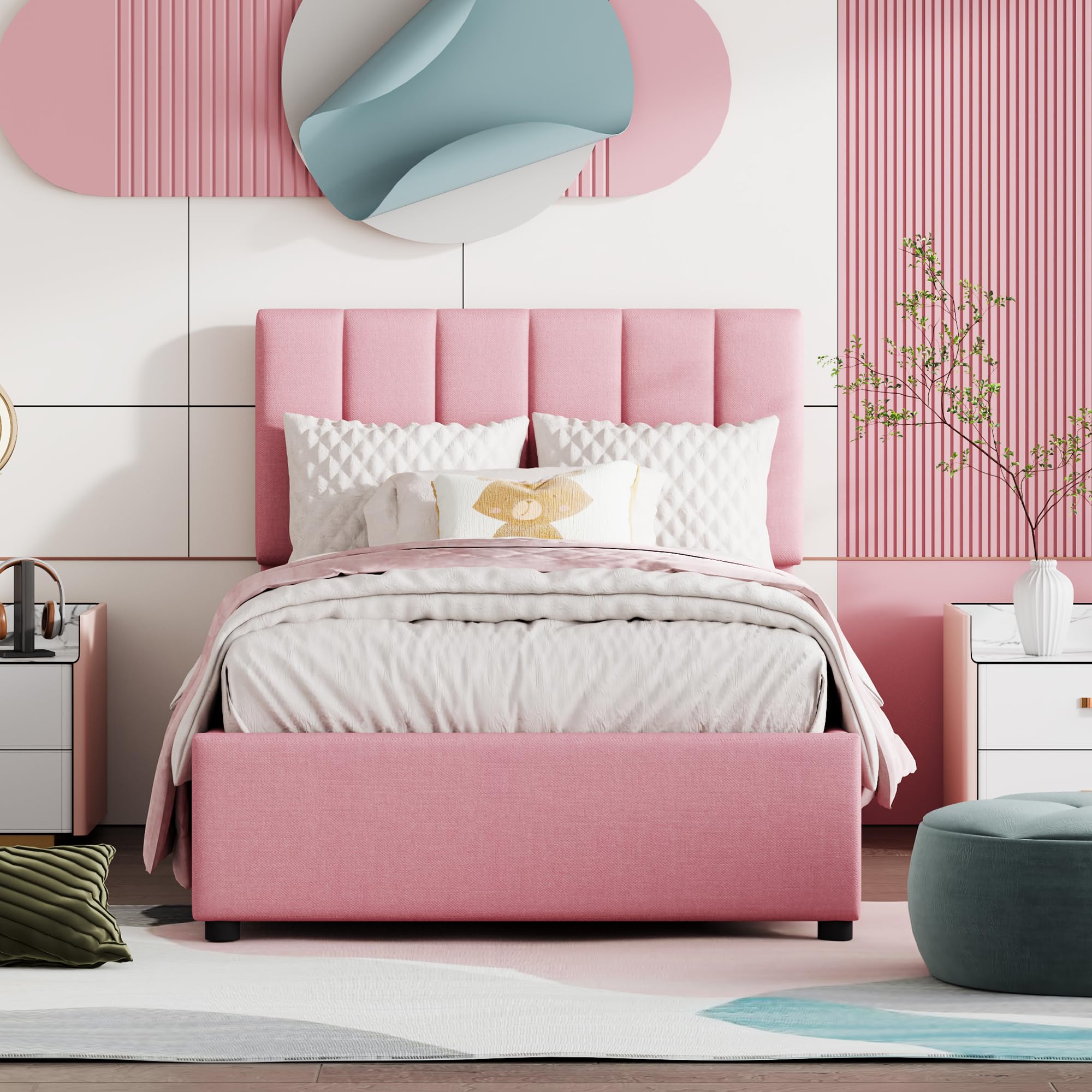 Lexiou Lettino imbottito per bambini, 90 x 200 cm, letto idraulico in lino, delicato sulla pelle, colore: rosa, LDU00061-CL