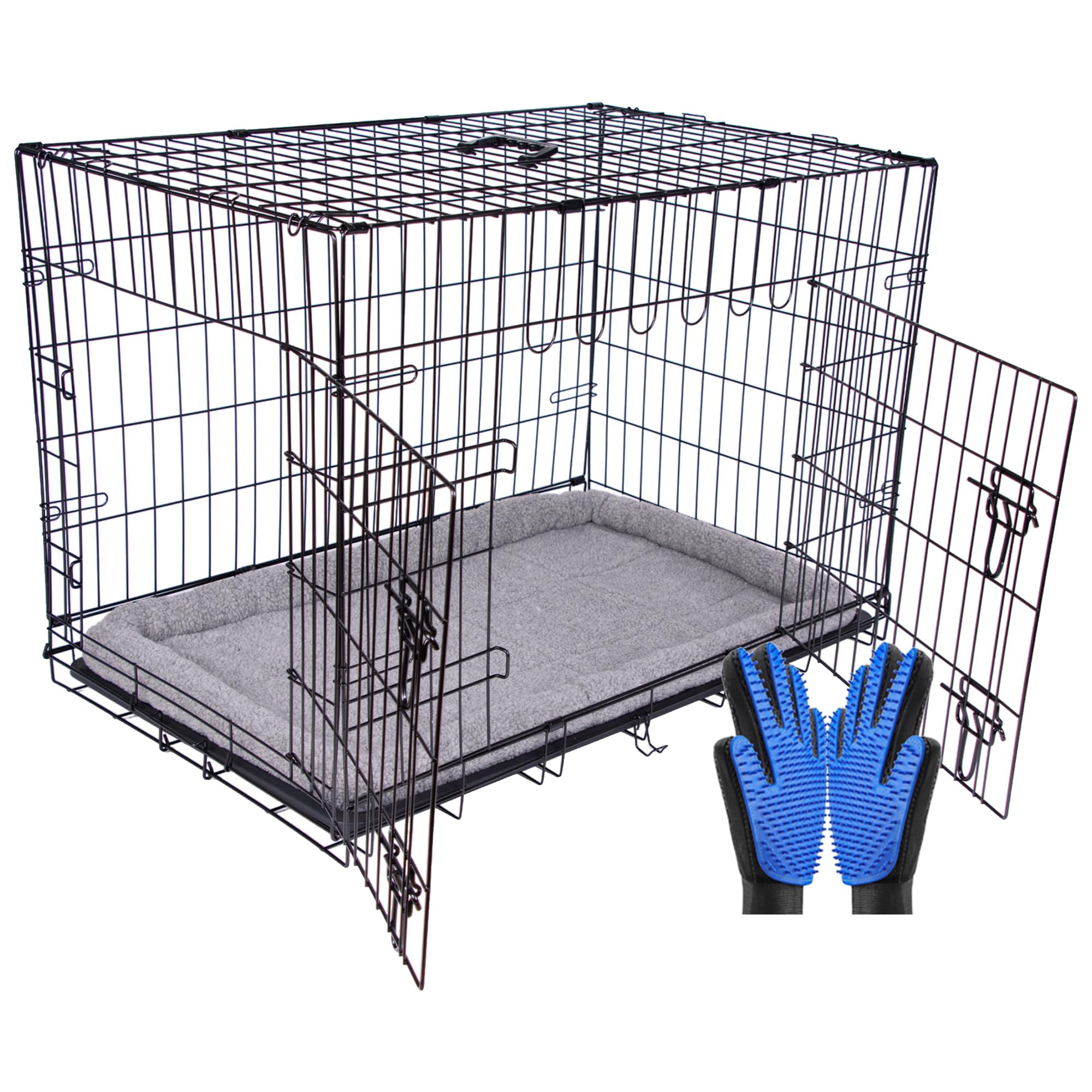 Pretty Pooch Dog Crate Cage Puppy Cat Pet Training Carrier Metal Folding with Tray Double Door and Bed With Two Grooming Gloves (Medium 36 Inch)