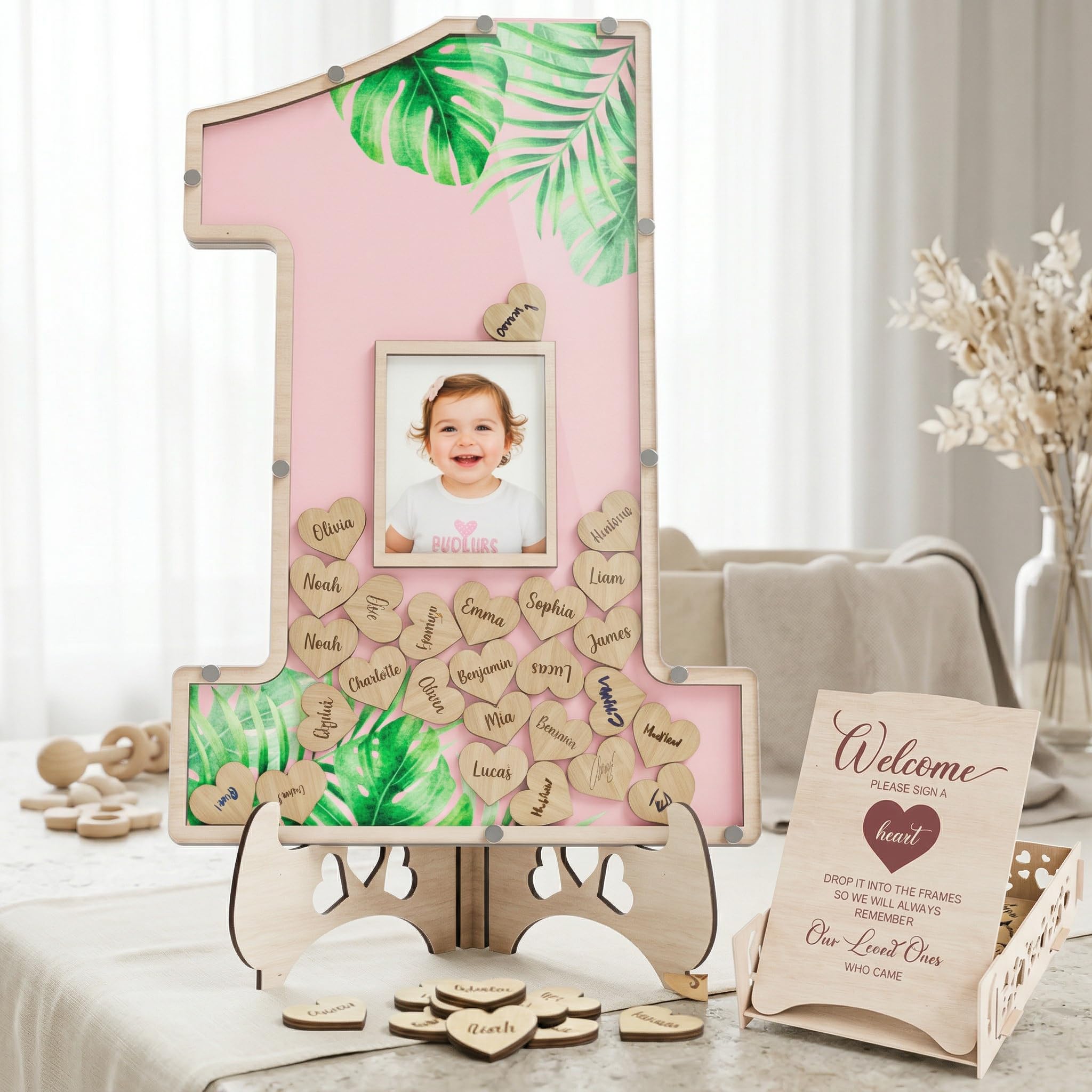 The Real Bossy Baby - Wild One Birthday Guest Book Keepsake For Girls - Jungle Decorations - Large Premium Photo Frame - 1st Birthday Gift Ideas - Wooden Shadow Box - Luxury Nursery Decor - Photo Framee (Pink)