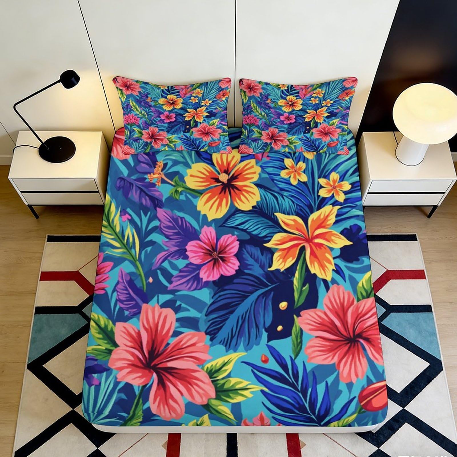 3D Printed Tropical Floral Fitted Sheet Microfiber Soft Vibrant Hibiscus Mattress Cover for Bedroom Guest Room Decor 90x200x25cm