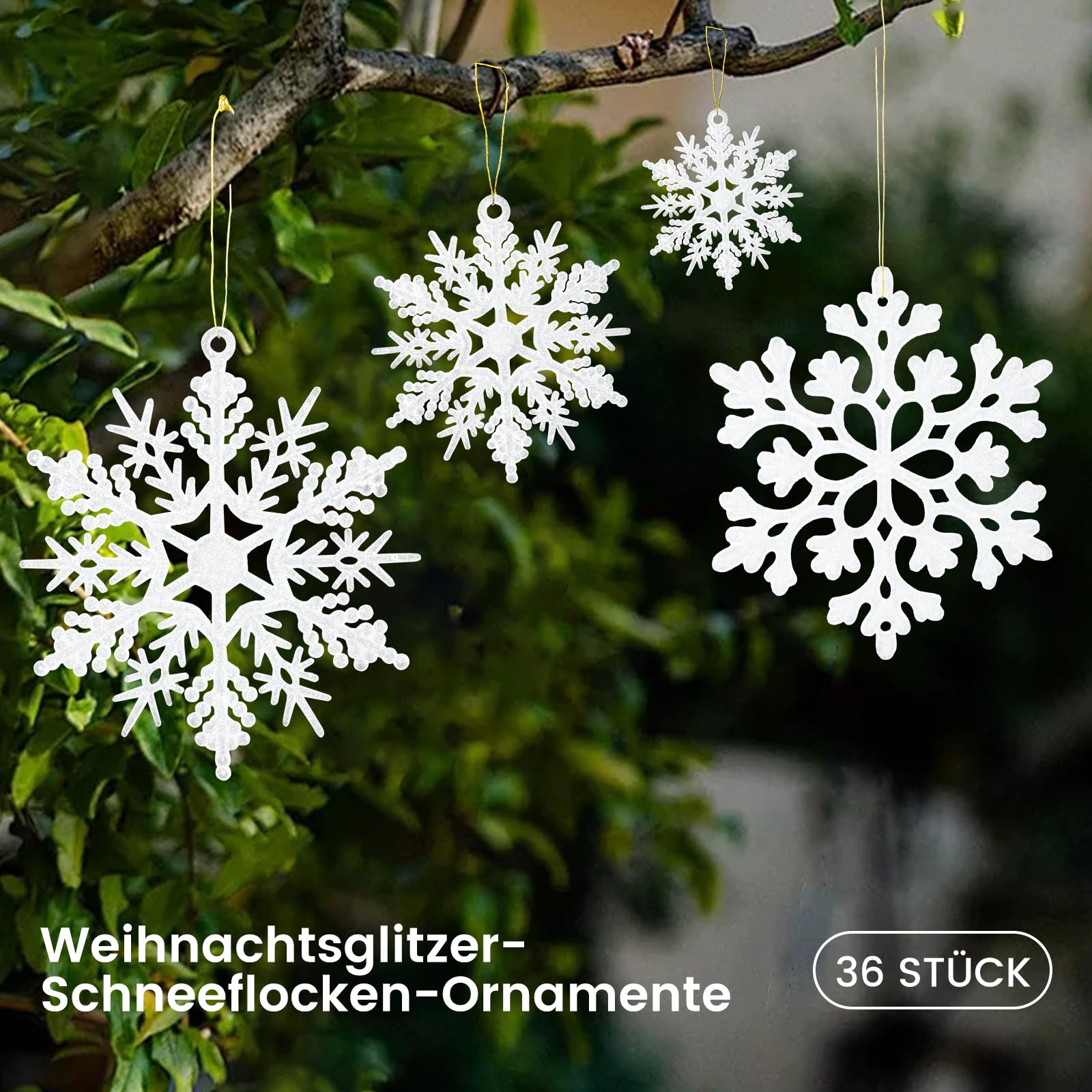 MSQ Lot de 36 Flocons de Neige à Paillettes avec String pour Sapin de Noël | Décoration suspendue - Flocon de neige pour maison, mariage, vacances, fête
