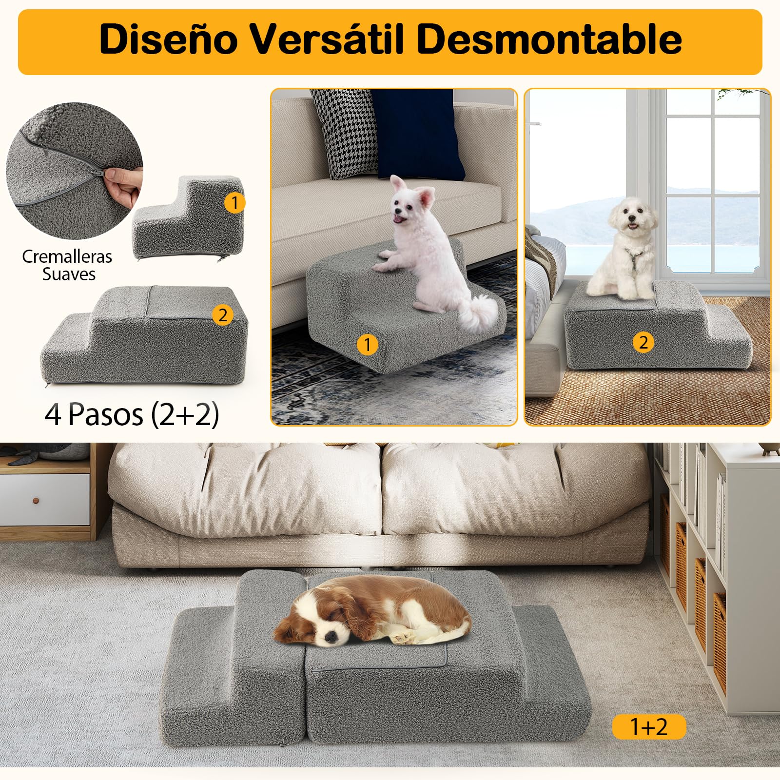 GYMAX Escalera para Perros 4 Peldaños, Rampa Plegable para Mascotas con Base Antideslizante, Combinaciones Desmontables, Escalera de Espuma para Sofá Cama, para Perros/Gatos Pequeños y Ancianos, Gris