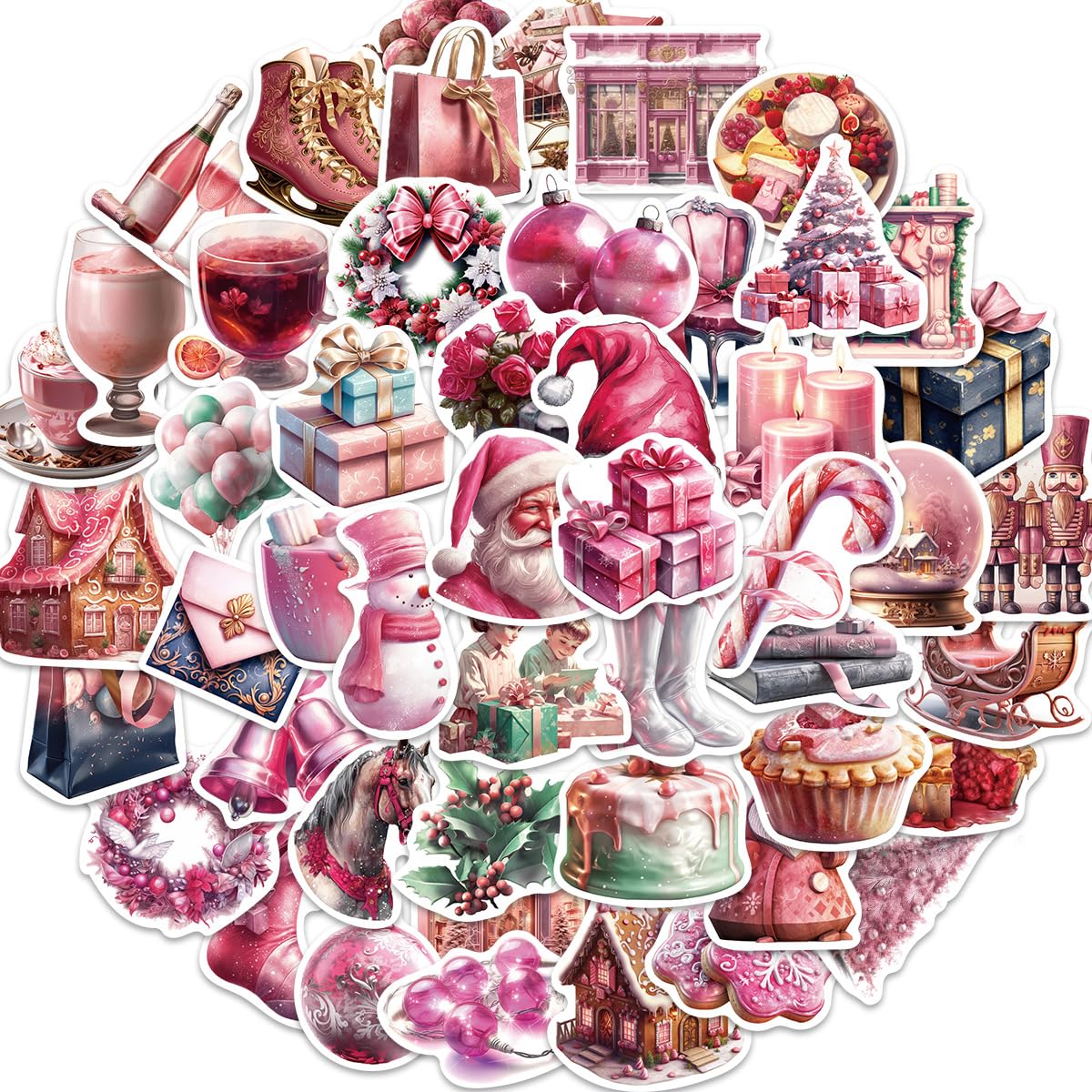 50PCS Vintage Pink Christmas Stickers, Santa Claus Christmas Tree Sticker Pack for Kids Teens, Waterproof Holiday Stickers Decals for Scrapbook,Cards, Christmas Gifts Vsco Sticker for Kids (PINKCHRIS)