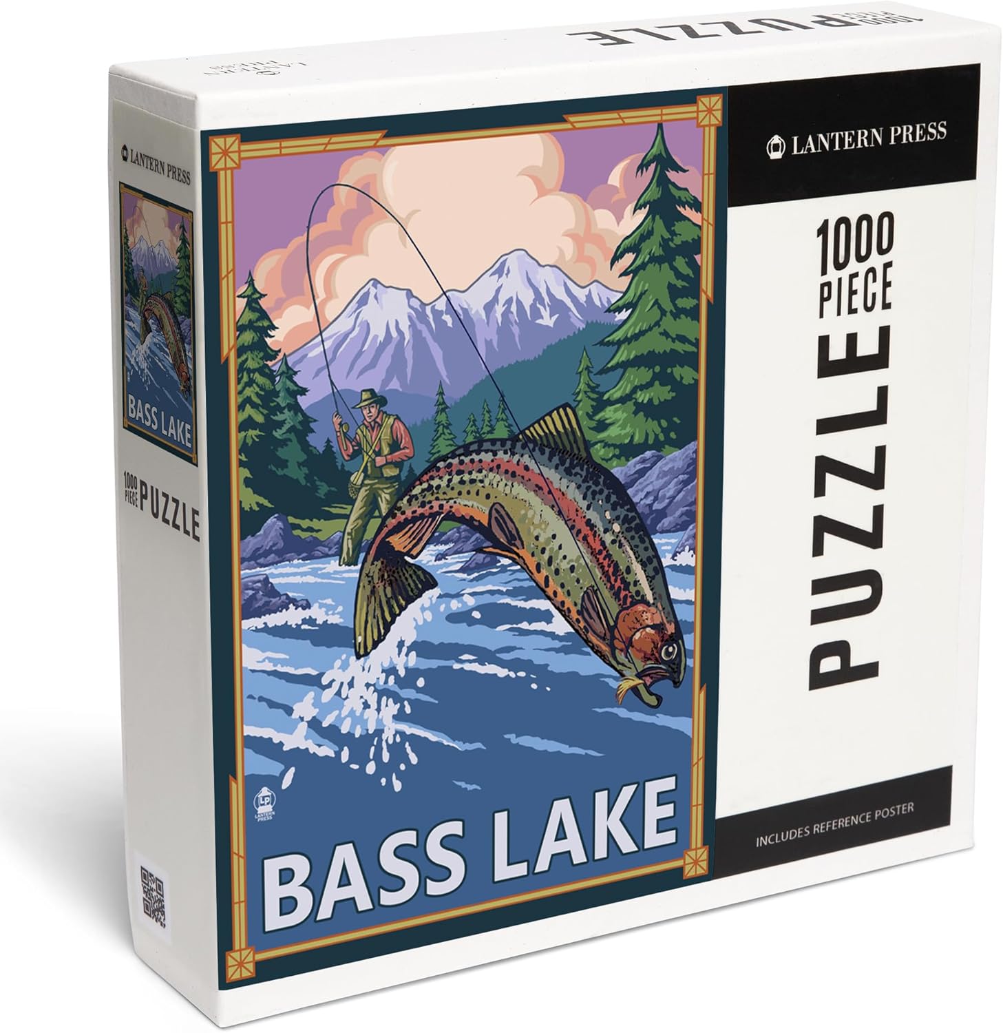 Lantern Press Bass Lake, California, Angler Fly Fishing Scene (Leaping Trout) 1000 Piece Jigsaw Puzzle for Adults, Made in USA with Reference Poster