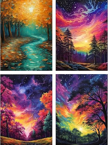 NAIMOER Paquete de 4 kits de pintura de diamantes de paisaje para adultos, bricolaje 5D redondo de taladro completo, puesta de sol, arte de