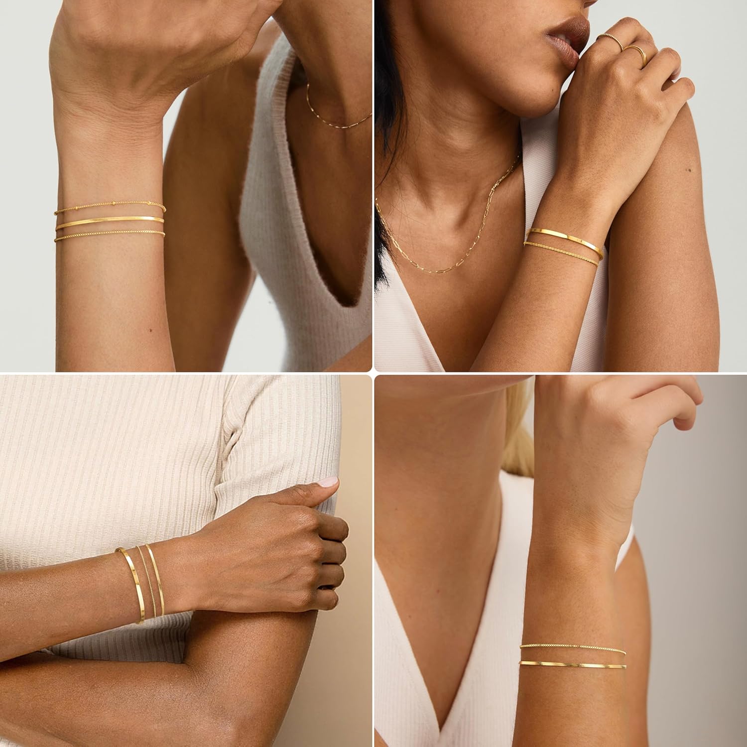 Thin Dainty Gold Bracelet for Women Stack, 14K Gold Plated Bracelet Stackable Set with Bangle Cuff, Box, Herringbone, Paperclip, Figaro, Sparkling Link Chains, Minimalist Simple Waterproof Non Tarnish Jewelry Gifts for Women Trendy - Image 4