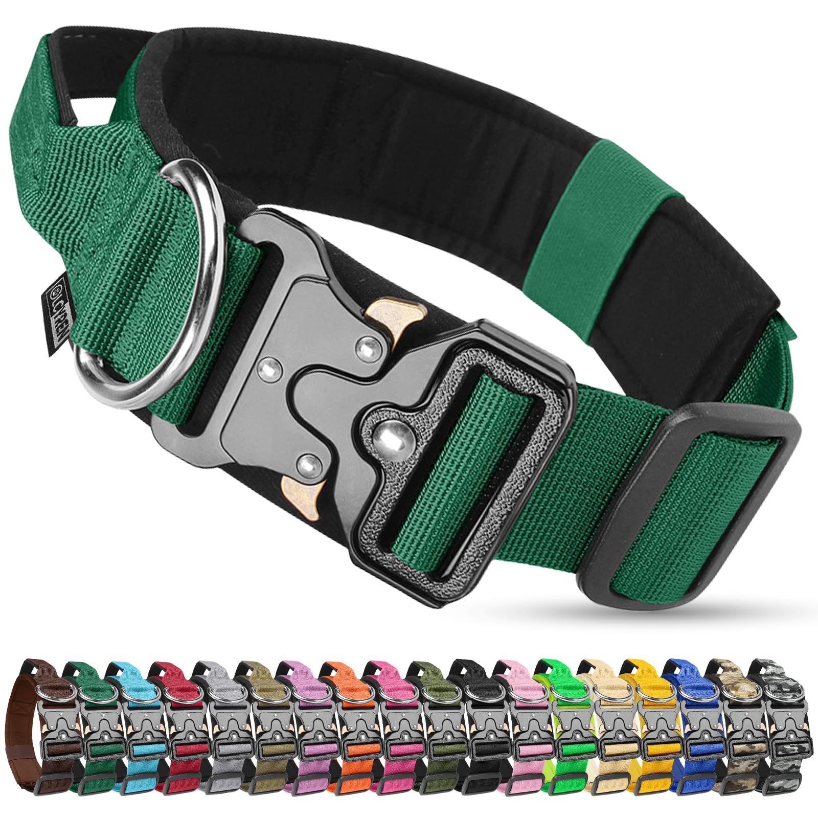 Olcyren Tactical Dog Collar, Military Nylon Adjustable Strong Dog Collar with Handle, Soft Padded Pet Collars with Heavy Duty Metal Buckle for Medium Large Dogs Training and Walking (Dark Green, XL)