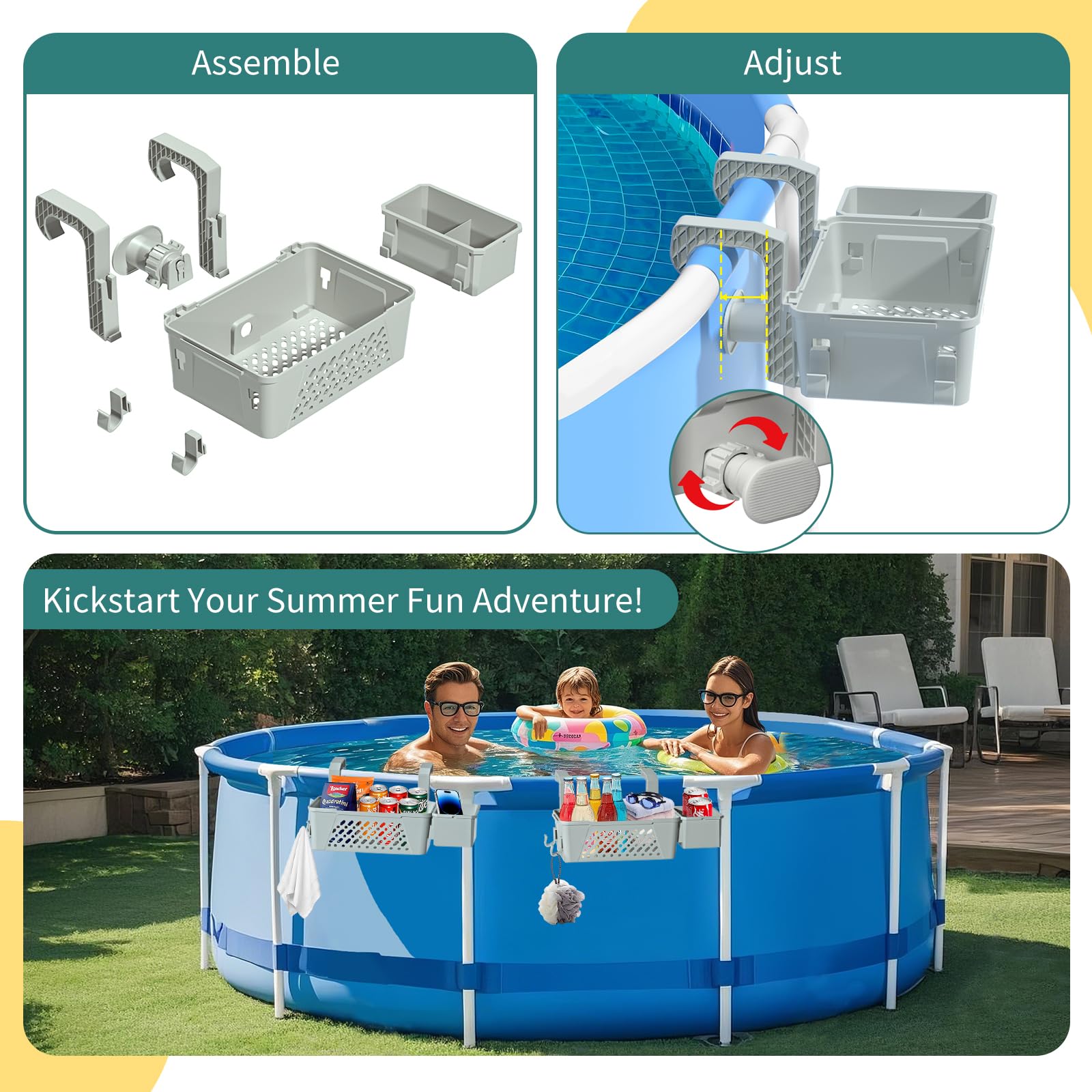 Cesto portaoggetti a bordo piscina, accessori per piscina fuori terra, cestini per piscina con asciugamano organizzato, adatto a binari superiori da 7,6 cm o meno, cestino organizer versatile per
