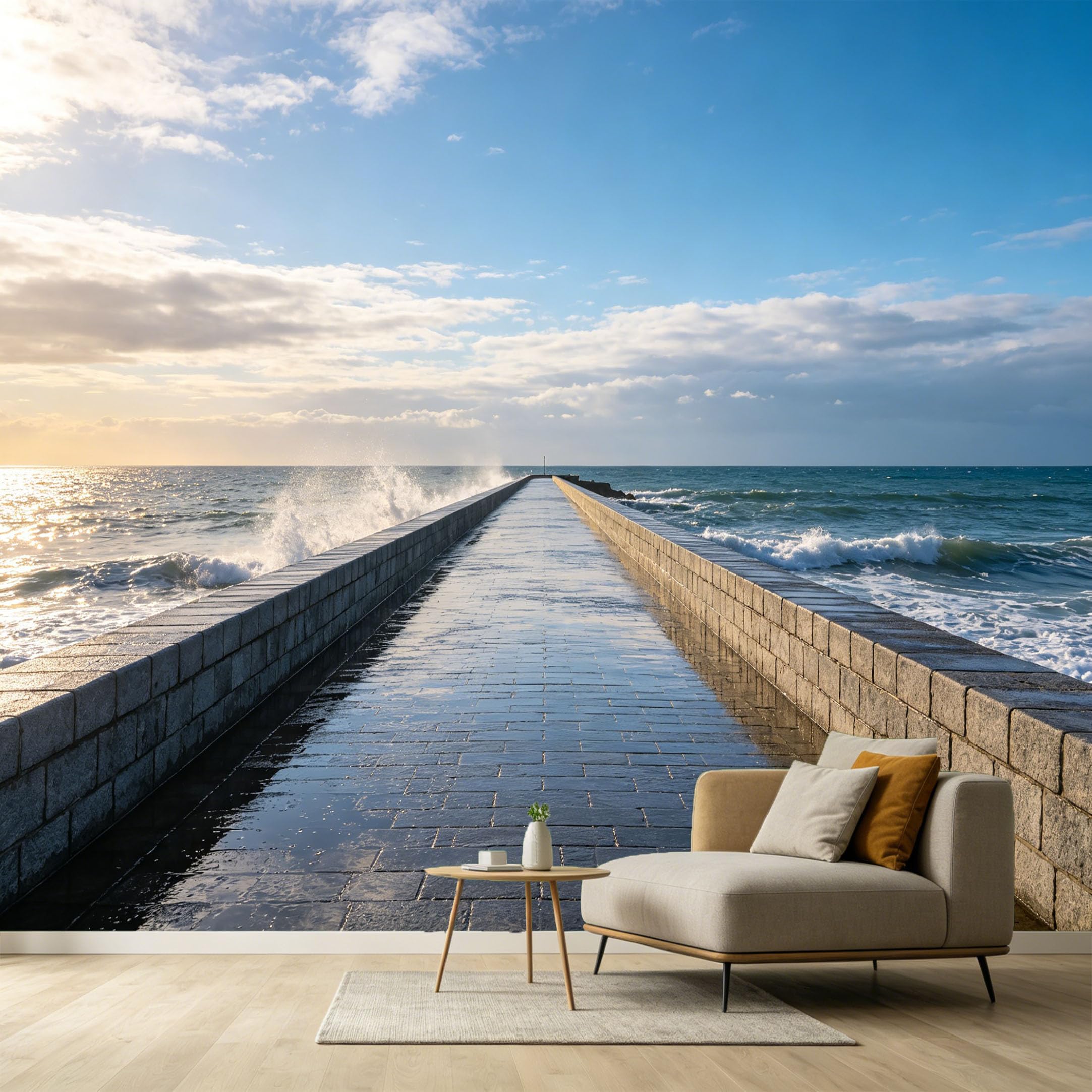 Custom Size Wall Murals Coastal Ocean Marine Waves Stone Pier Horizon 3D Landscape SelfAdhesive Wall Fabric Removable Large Wallpaper for Photo Living Room