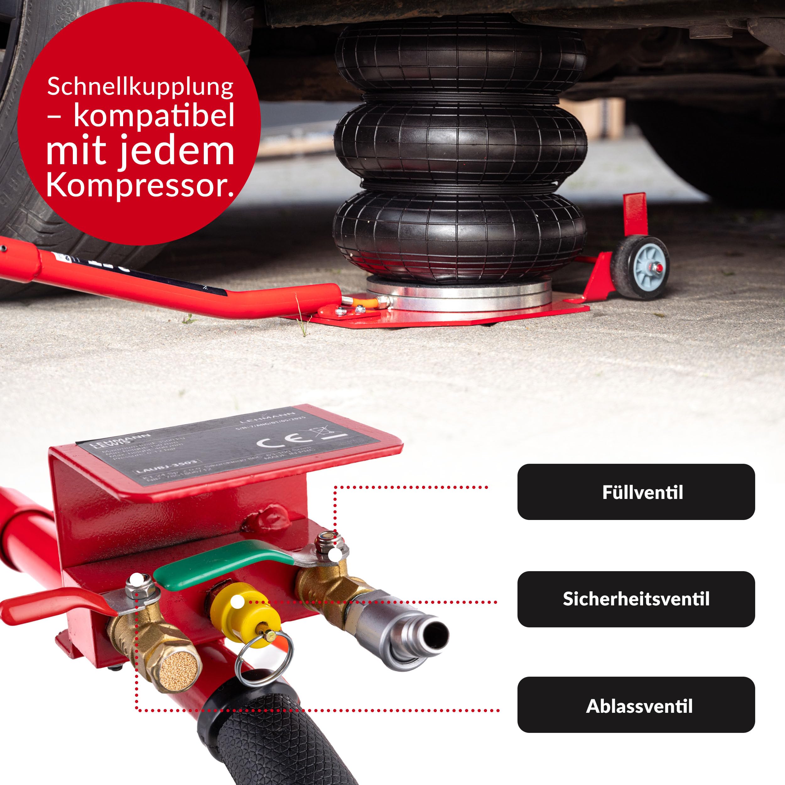 LEHMANN Pneumatischer Wagenheber 3,5T - Luftwagenheber mit Gummiauflage, Transportrollen und Sicherheitsventil - Höhenverstellbar 150-400 mm - für PKW, SUV und Vans bis 3500 kg