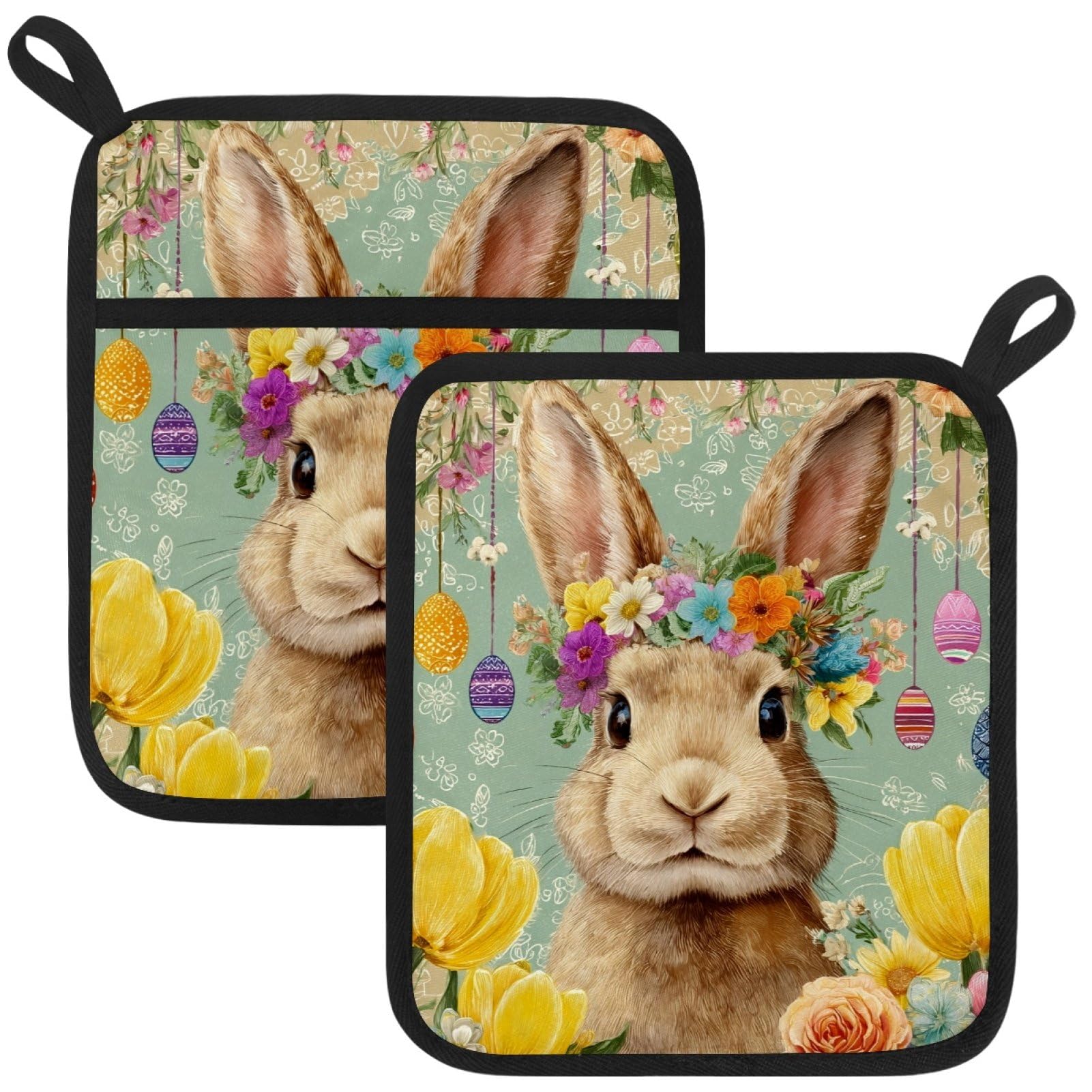 VAPOKF Bunny Egg Tulip Kitchen Hot Pot Holder, Pot Holders Heat Resistant Pot Holder with Pocket Heat Resistant Trivets for Hot Pans Cotton Pot Mitts for Kitchen Cooking Baking