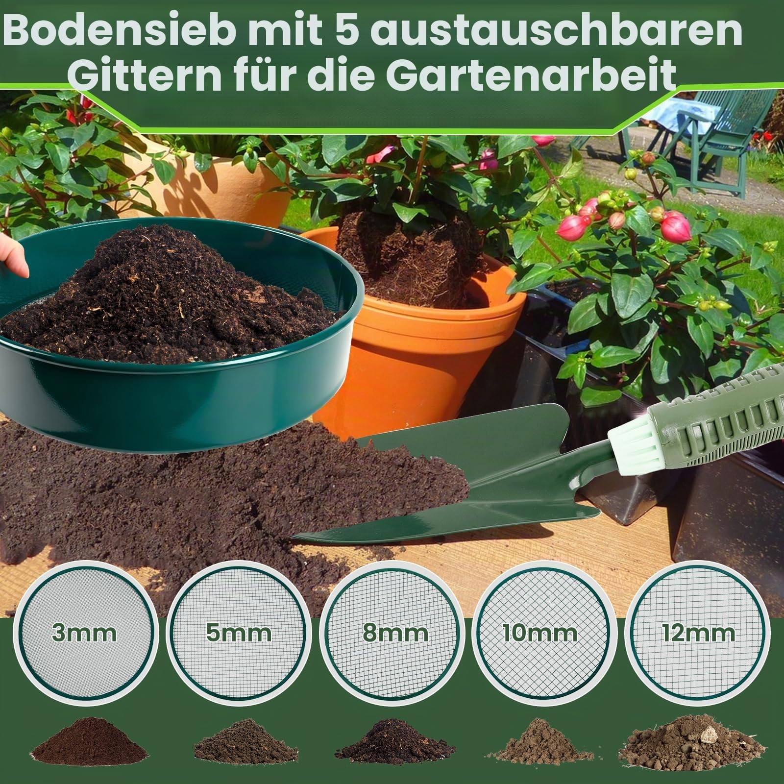CDIYTOOL 8pcs Gartensieb Set, 30cm Rund Erdensieb Garten Potting Mesh Sieb mit 5 Filtern 3/5/8/10/12mm für Erde, Steine, Unkraut, Katzenstreu, Kompost