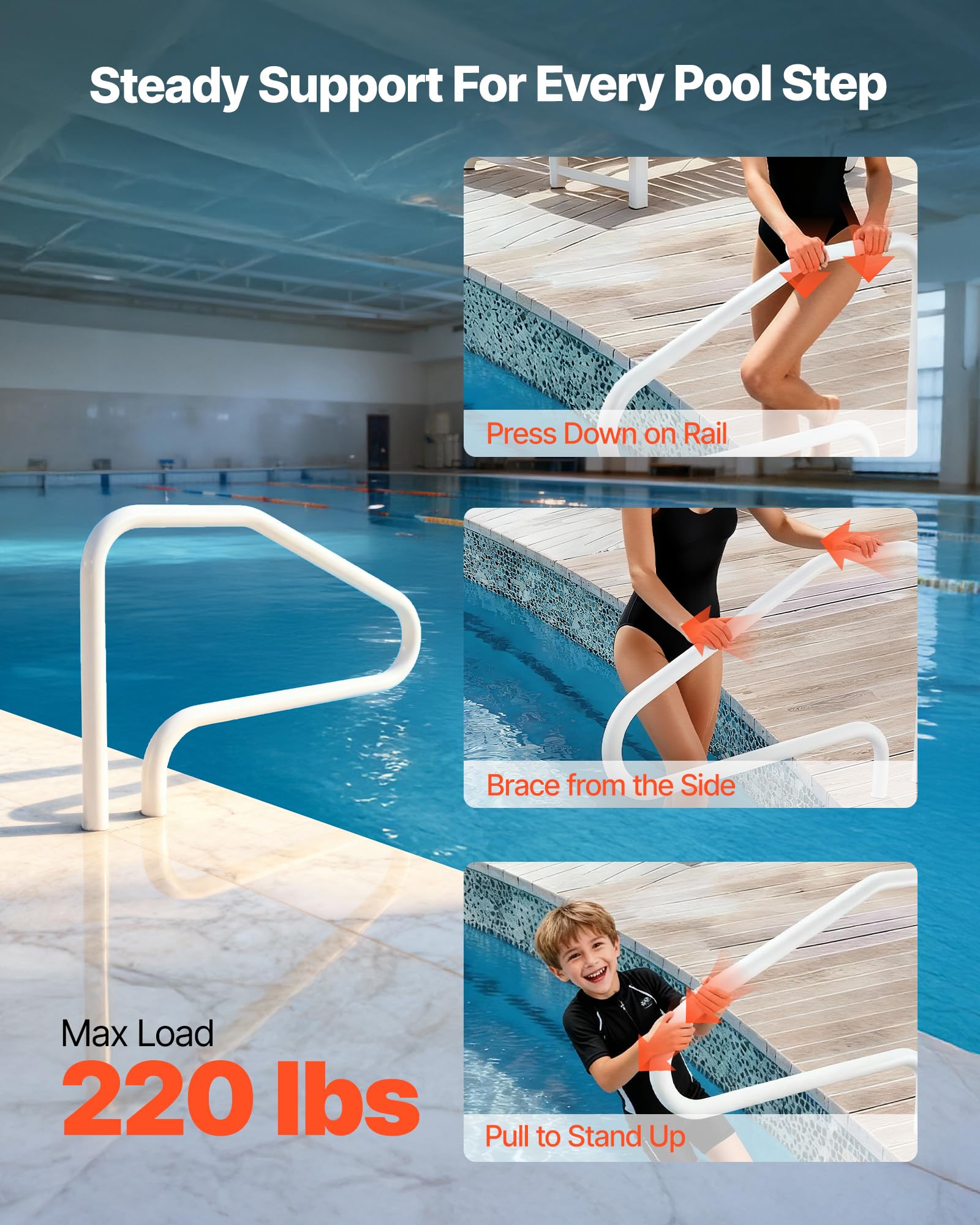 VEVOR Rampe Piscine 122x81 cm Main Courante Piscine Acier Inoxydable Charge 100 kg Barre d'Appui Sécurité pour Bords de Piscines, Parcs Aquatiques, Centres Spa, Montage Encastré, Soudure sans Joint