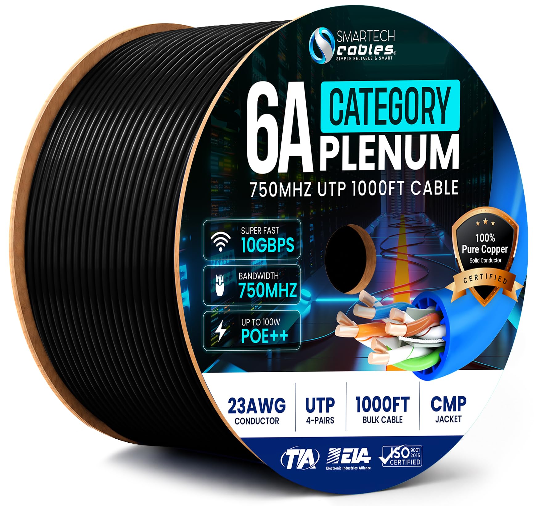 Smartech Cables | Cavo Ethernet Cat6a Plenum da 304,8 m, certificato, 100% rame massiccio puro, 23 AWG, 10 Gbps, 750 MHz, PoE++ (4PPoE, fino a 90 W) | Cavo Ethernet Cat 6a ad alte prestazioni per