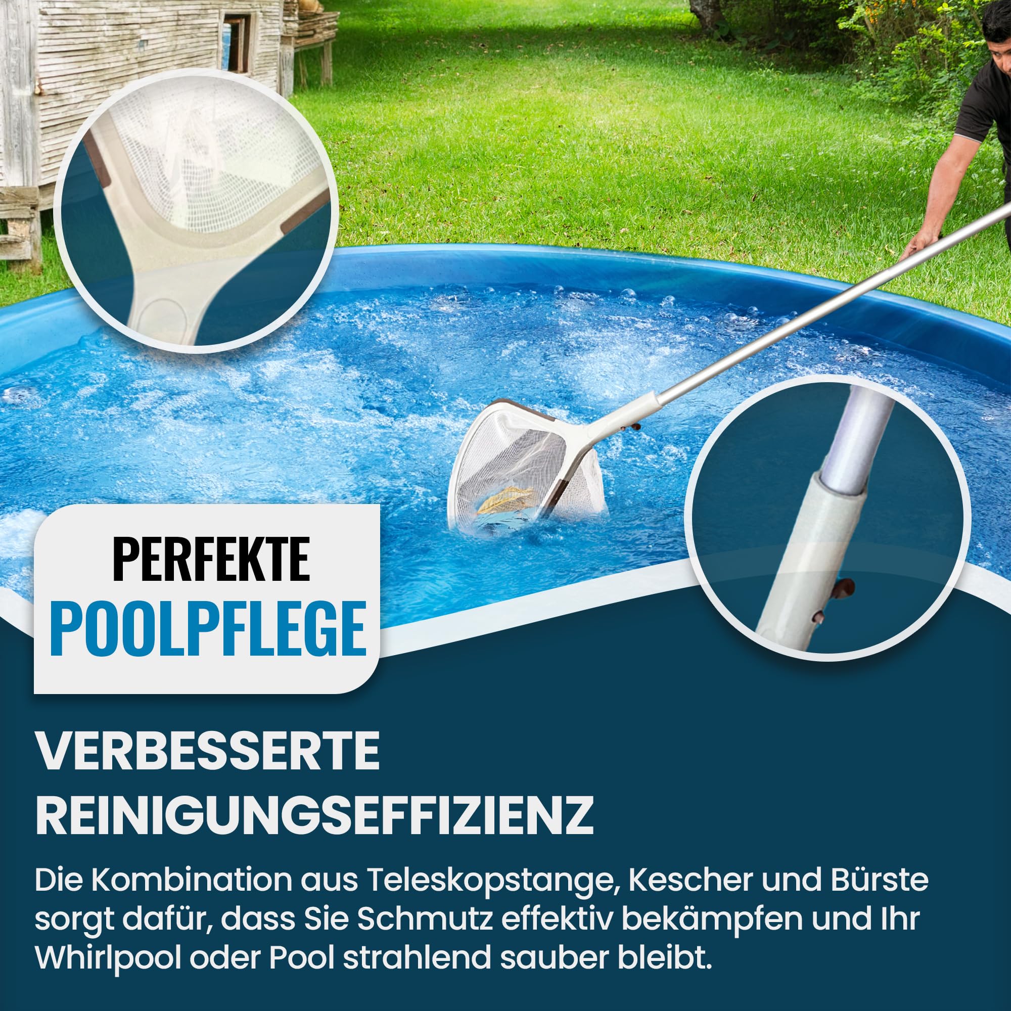 Sunik Spa Poolreinigungsset - Whirlpool Reiniger Set 3-teilig - Whirlpool Zubehör Wartungsset mit Teleskopstange, Kescher klein & Bürste - Whirlpool reinigungsset für Pools & Spa
