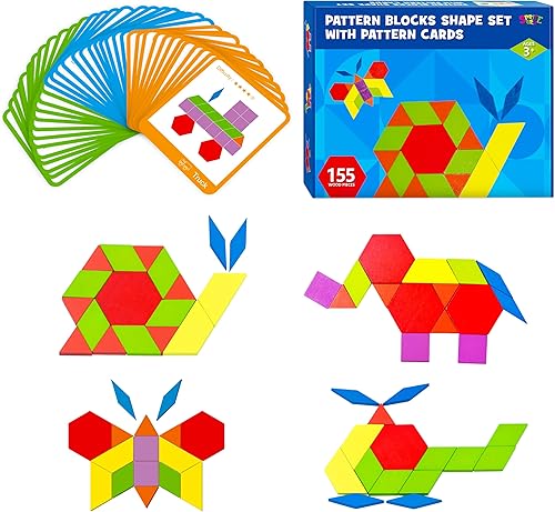 Juego de 155 bloques de madera, 24 tarjetas de diseño de doble cara (48 patrones) rompecabezas de forma geométrica divertido Tangram Montessori