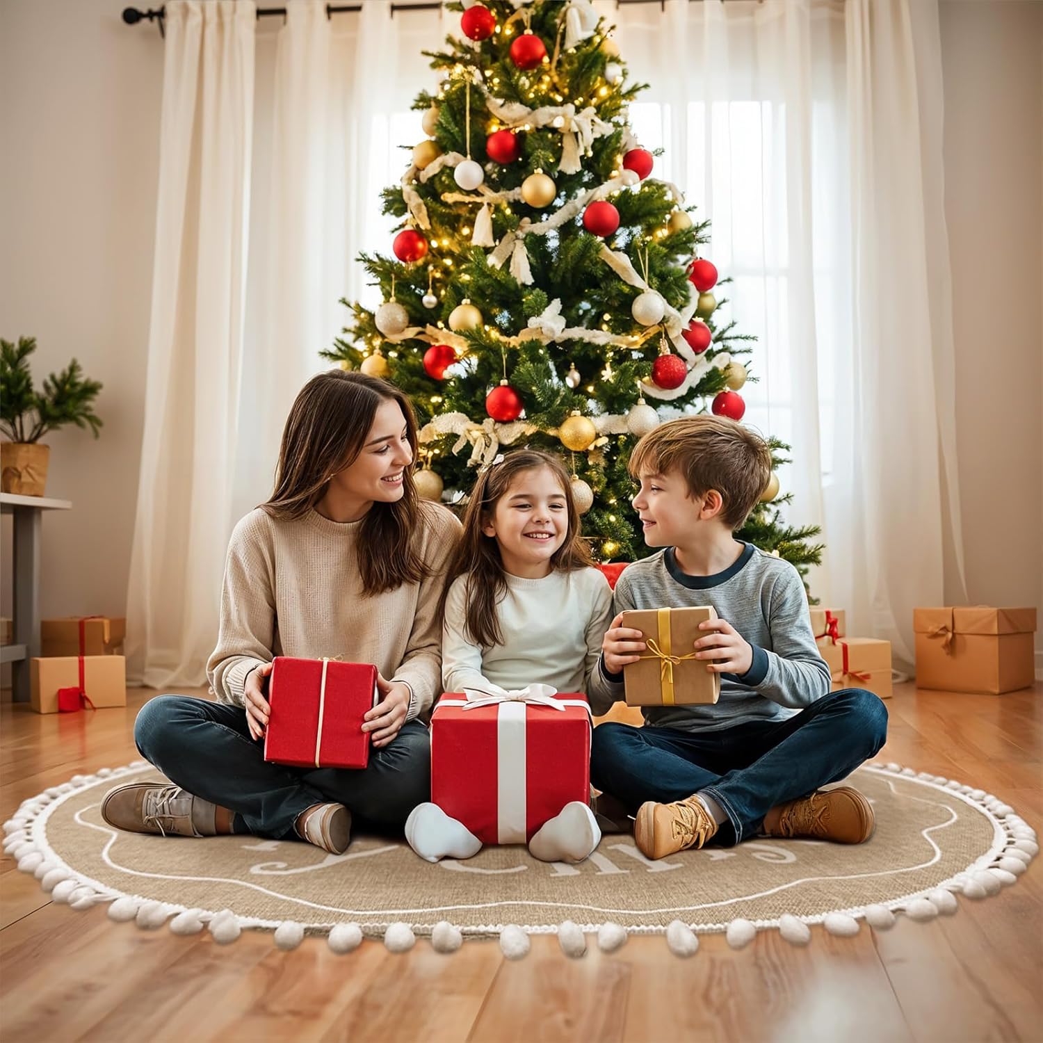 AerWo Burlap Christmas Tree Skirt, 60 Inches, Printed with White Snowflake and Merry Christmas Letter, Xmas Tree Decor for Indoor/Outdoor