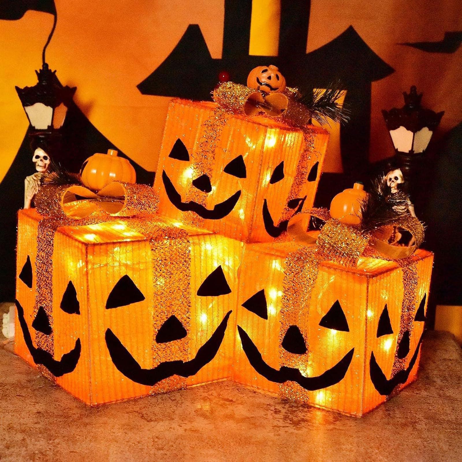 Halloween Beleuchtete Geschenkboxen, 3-teiliges Set, Glitzernde Paketlichter mit 50 LED, 8 Modi, ideal für Kamin, Zimmer, Fenster, Veranda Dekor