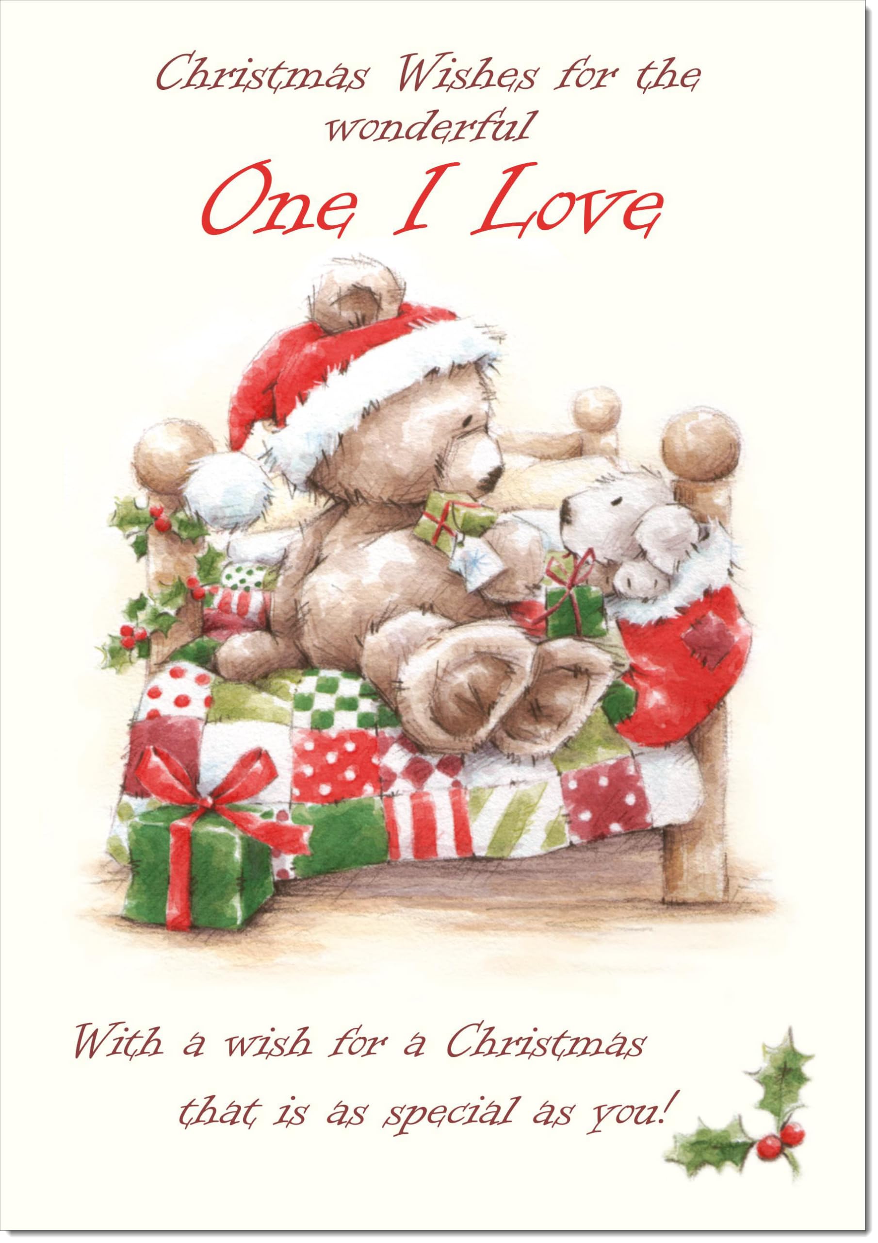 doodlecards One I Love Christmas Card Cute Bear on Bed Large A4 Size Christmas Card for One I Love with Plain Envelope — image 1