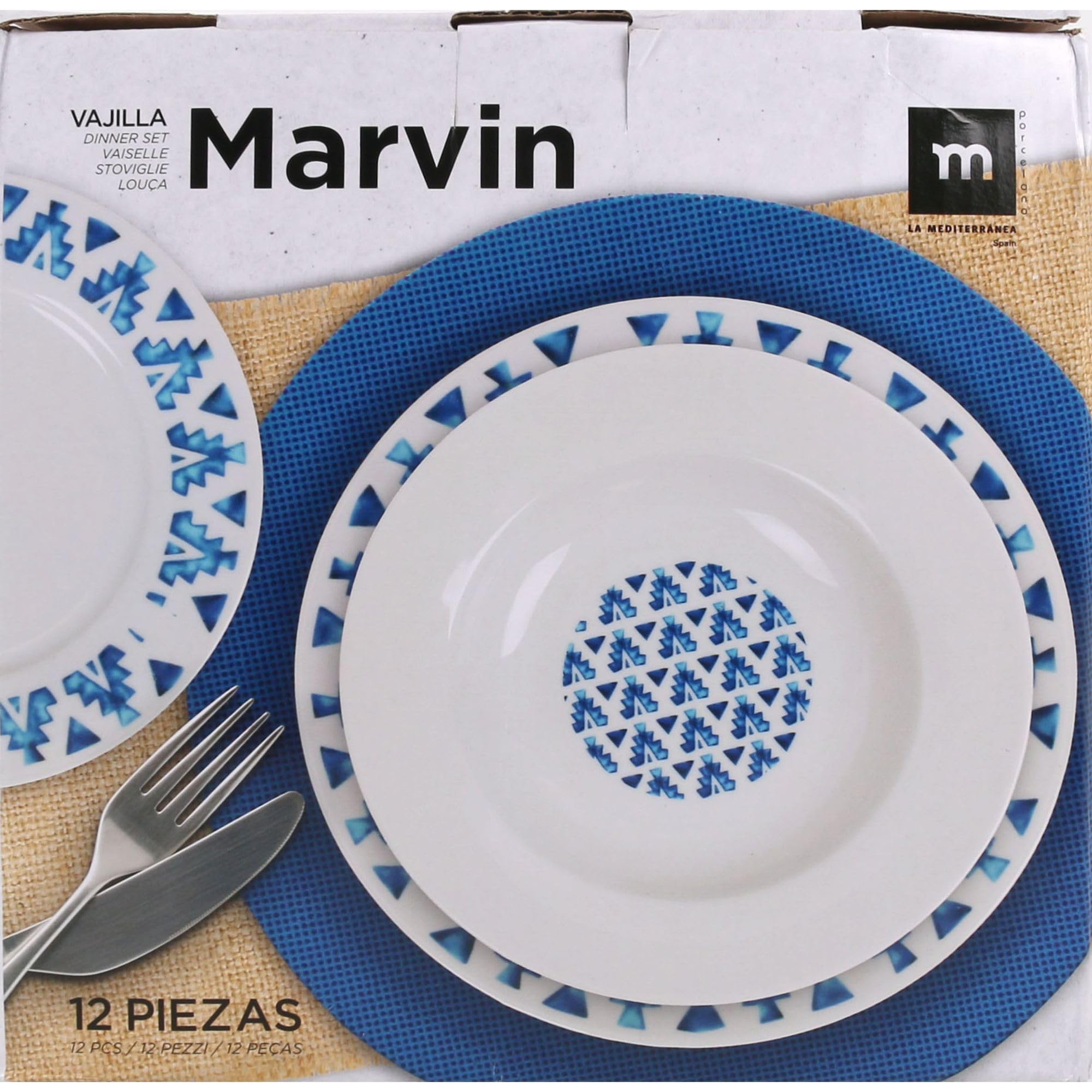 La Mediterránea Vajilla Completa 12 Piezas de Vidrio Templado - 4 Platos Llanos, Hondos y de Postre - Colección Marvin