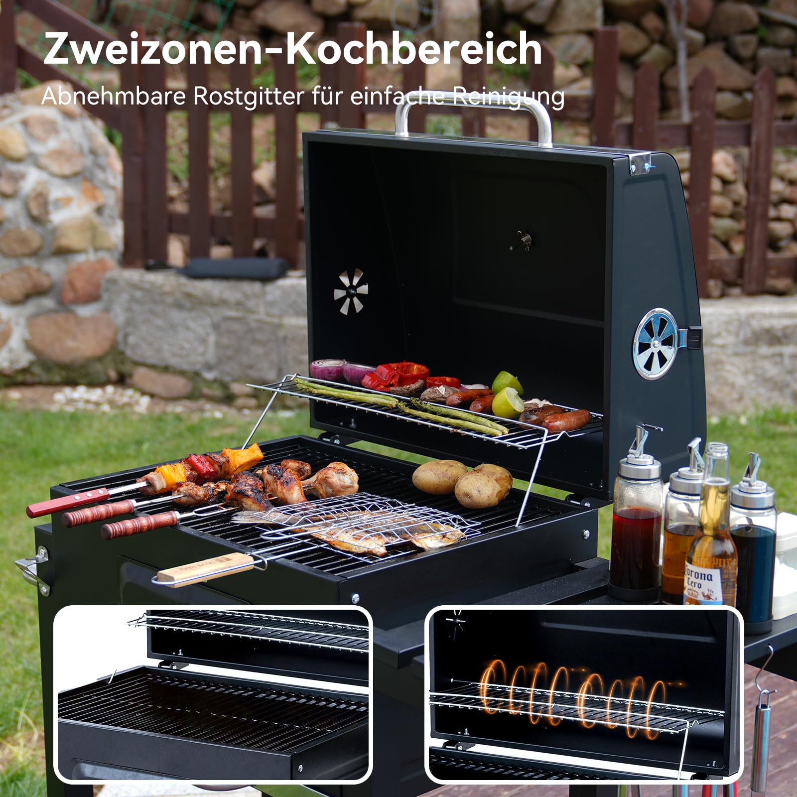 Holzkohlegrill, Grill mit Deckel, Grillfläche: 56×42.5 cm, Höhenverstellbare Kohlenwanne, Faltbarer Seitentisch, Mit Grillabdeckungen Wasserfest